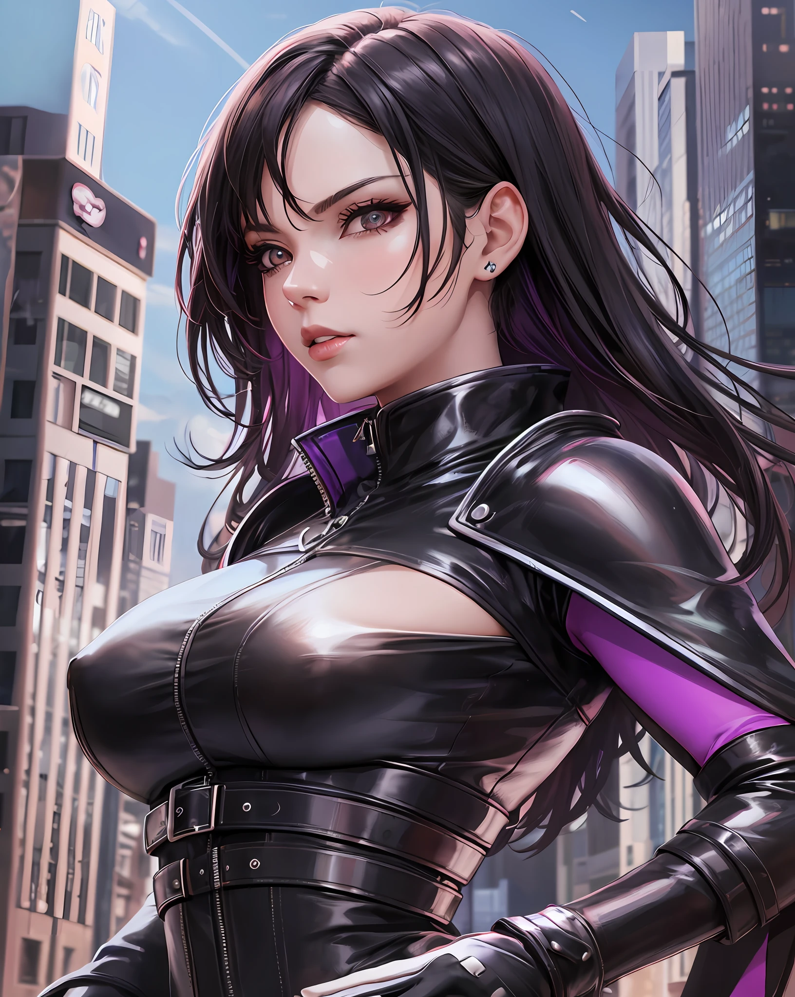 A closeup of a woman in a leather outfit posing, extremely detailed Artgerm, Badass 8K anime, Seductive Anime Girl, Alena Aenami and Artgerm, Artgerm. Anime illustration, artgerm style, ig model | Artgerm, Artgerm. high detail, 8k high quality detailed art, realistic, long hair flying, black cape flying, neckline, stunning, real world, realistic photography, cyberpunk