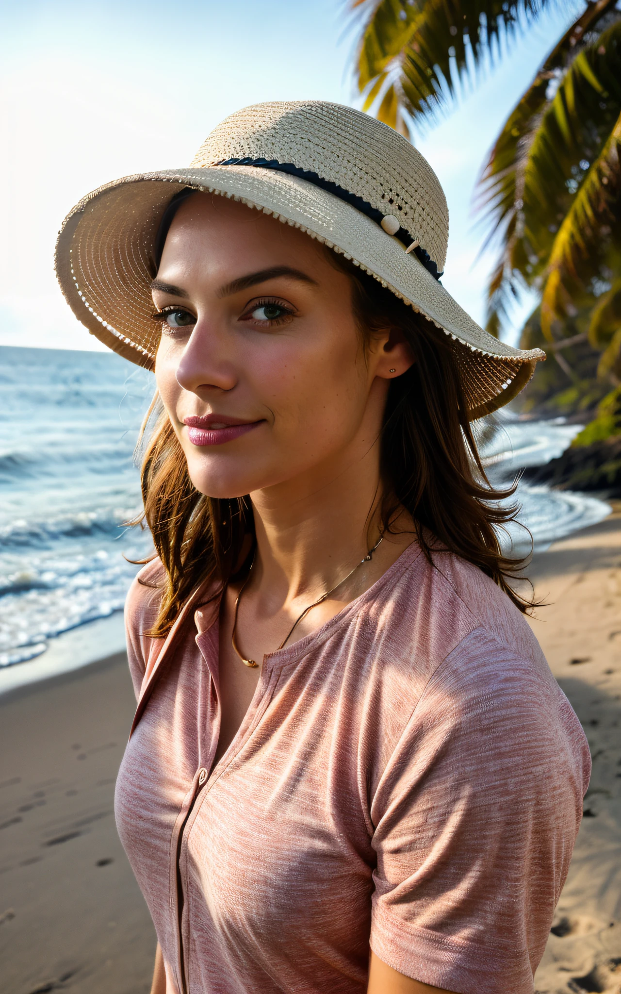 1 woman ((upper body selfie, happy)), masterpiece, best quality, ultra-detailed, on the beach, (day), nature, cheerful, looking at the sea, happy, backpack, beach hat, pink shirt small sleeve closed, shadows, contrast, clear sky, style, (warm hue, warm tone: 1.2), close-up, cinematic light, side lighting, ultra high resolution, best shadow, RAW, face part,  serious look, normal breasts, 4k,