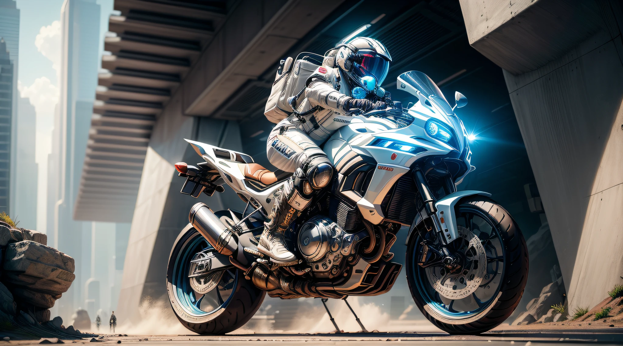 (Best quality),(masterpiece),(ultra detailed),(high detailed),(extremely detailed),futuristic astronaut riding big motorcycle made of shiny futuristic armor, future tech, futuristic city, hyper realistic, photorealistic, 8k, cinematic lighting, high quality