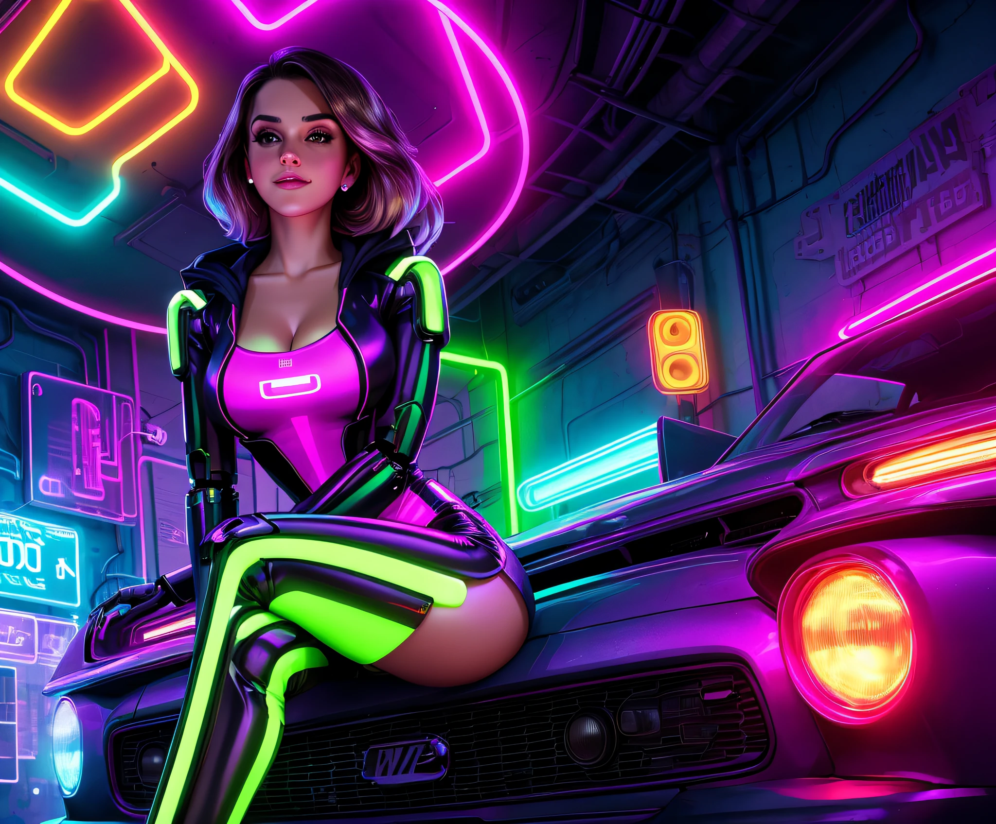 style, robot, (neon lights: 1.1), bright colors, (thepit bimbo :0.5), bright, sexy,

[Lana Del Rey| Emma Watson],, looking at the viewer, smile, symmetrical, centered, closeup, extreme closeup, upper body, cleavage focus,
milf, female, athletic, fit, tall, tanned skin, European, minidress, lively, smile, glowsticks, disco,
Golden outline, sitting in front of the hood of the car
[(color colors of psychedelic explosion painting:1.1)::0.125],
iridescent, chromatic aberration, studio lights, bright light, glowing skin,
realistic body proportions, realistic, photo-realistic, 8k, highly detailed, cyberpunk car background,
led light, laser lights, grumpy