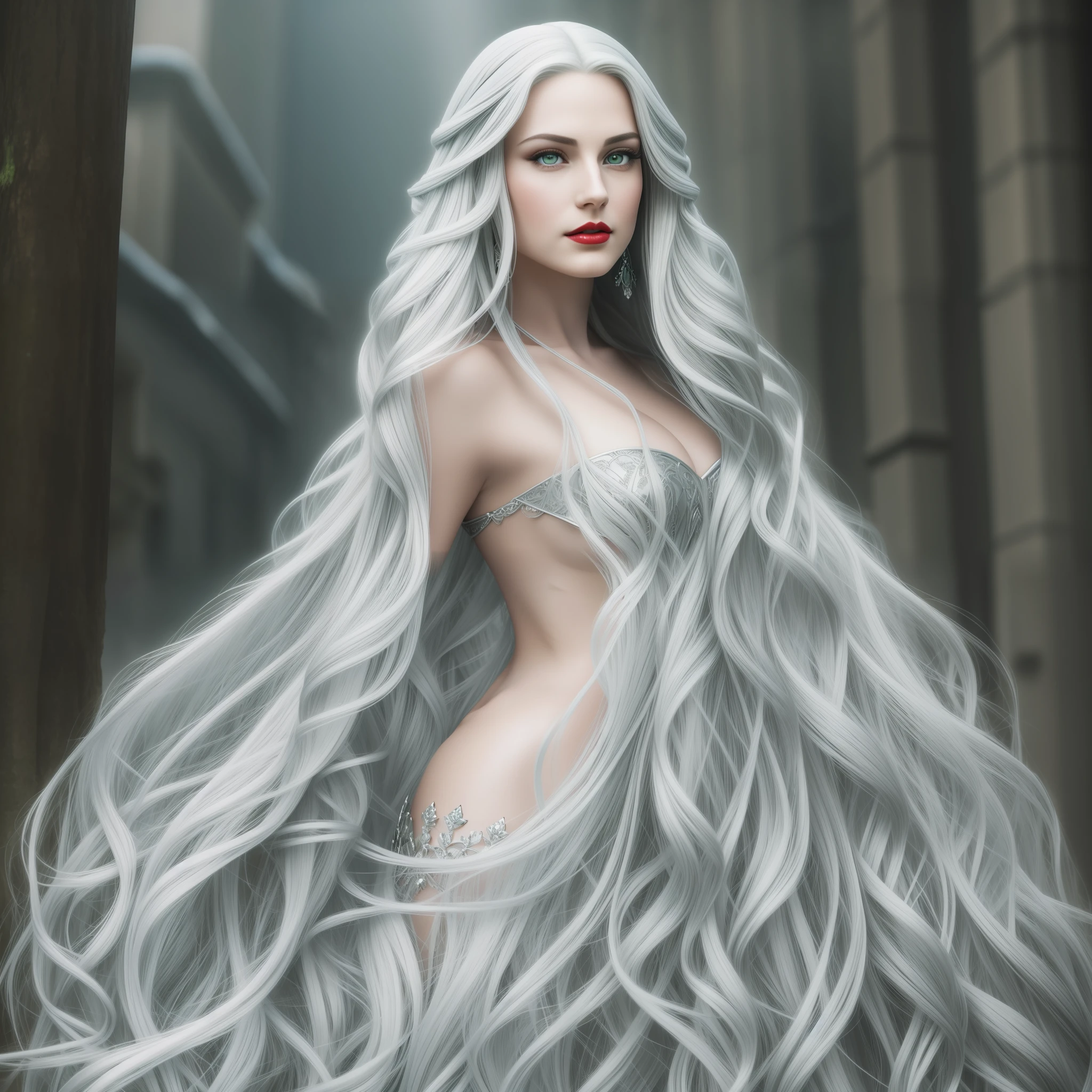 Portrait of the head and shoulders of a beautiful tall Gothic princess with long silver hair snow-white skin and red lips, modelshoot style in the city, full body photo, highlight lighting, detailed green eyes, (arched back: 1.2), Mark Brooks and Dan Mumford, comic art, perfect, smooth, extremely detailed, 8k, ultra realistic