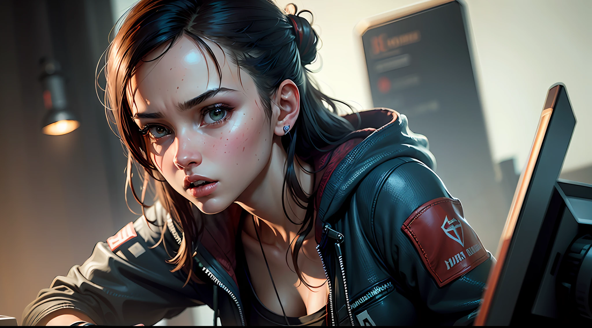 closeup of young woman gamer looking astonished, trends in the arts station, sharp focus, studio shot, intricate, highly detailed, by greg rutkowski