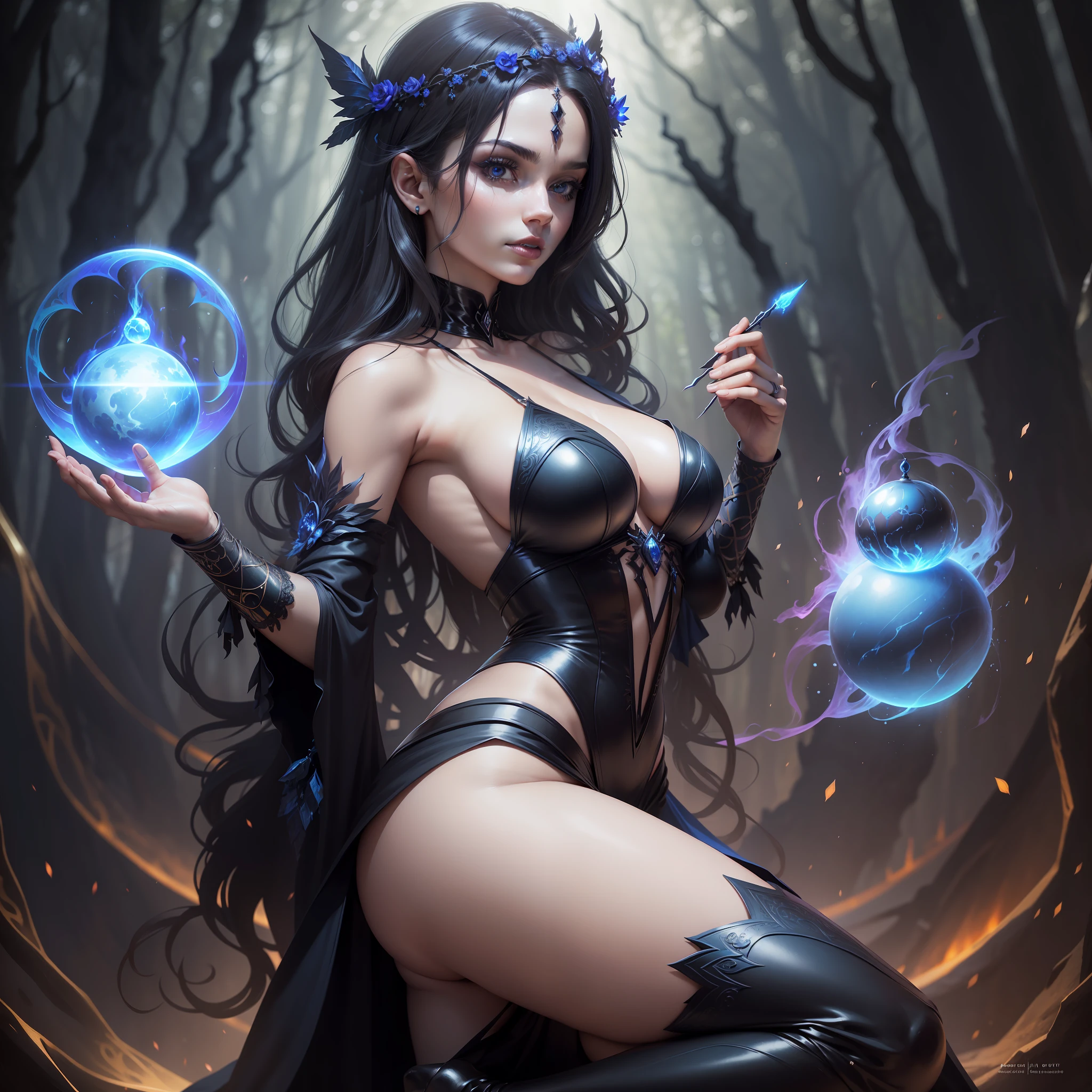 Sexy photo, cinematic light, a woman in a black dress holding a blue ball of magic in her hand, beautiful sorceress, dark sorceress, goddess of the underworld, goddess hecate, fae priestess, evil sorceress, hecate, one leg showing, dress, big neckline, Forest background, Dark theme, beautiful and mysterious face