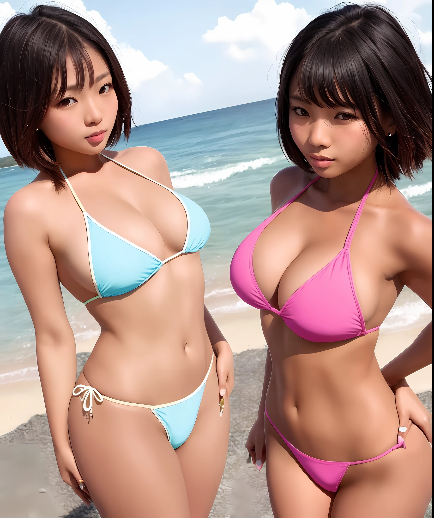 Oriental bikini of exactly equal skin color of skin breasts size 64 waist thin thighs thick eyes same sleeve