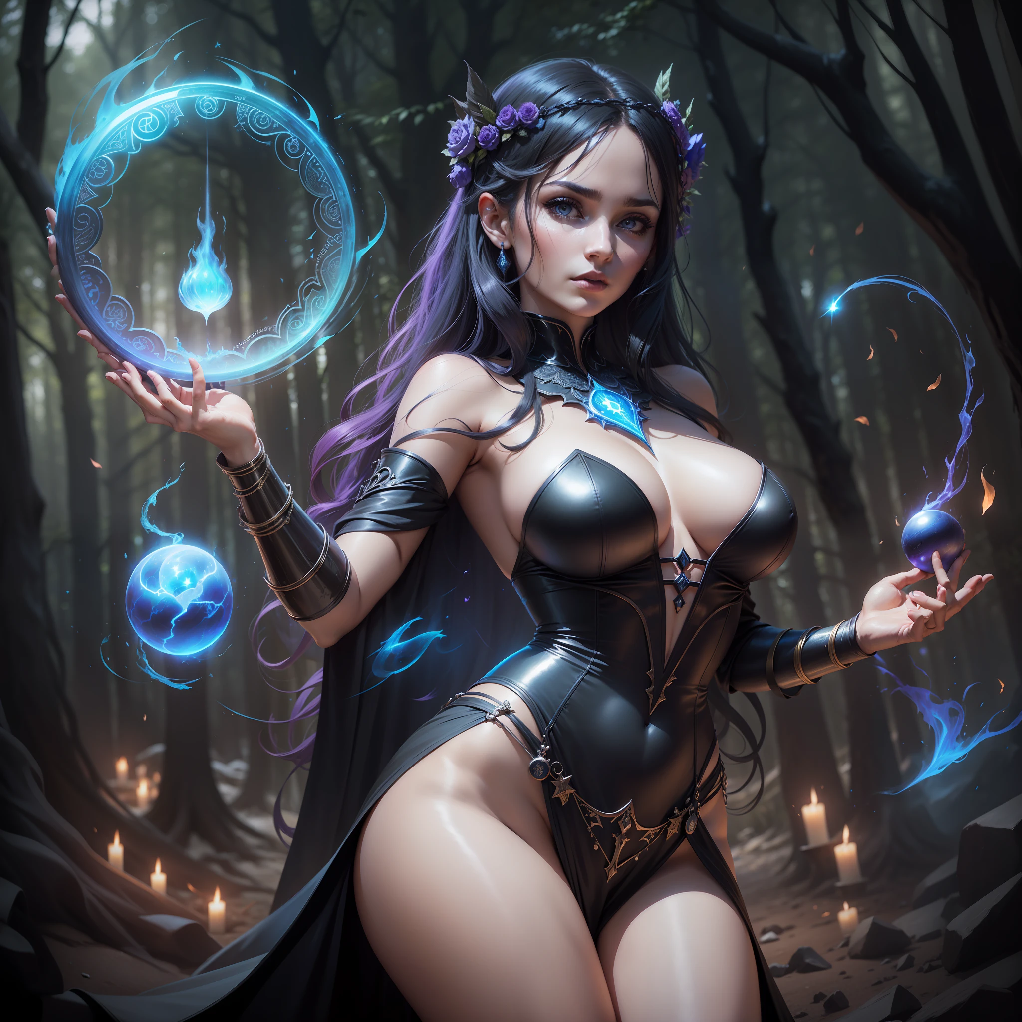 Sexy photo, cinematic light, a woman in a black dress holding a blue ball of magic in her hand, beautiful sorceress, dark sorceress, goddess of the underworld, goddess hecate, fae priestess, evil sorceress, hecate, one leg showing, dress, big neckline, Forest background, Dark theme, beautiful and mysterious face