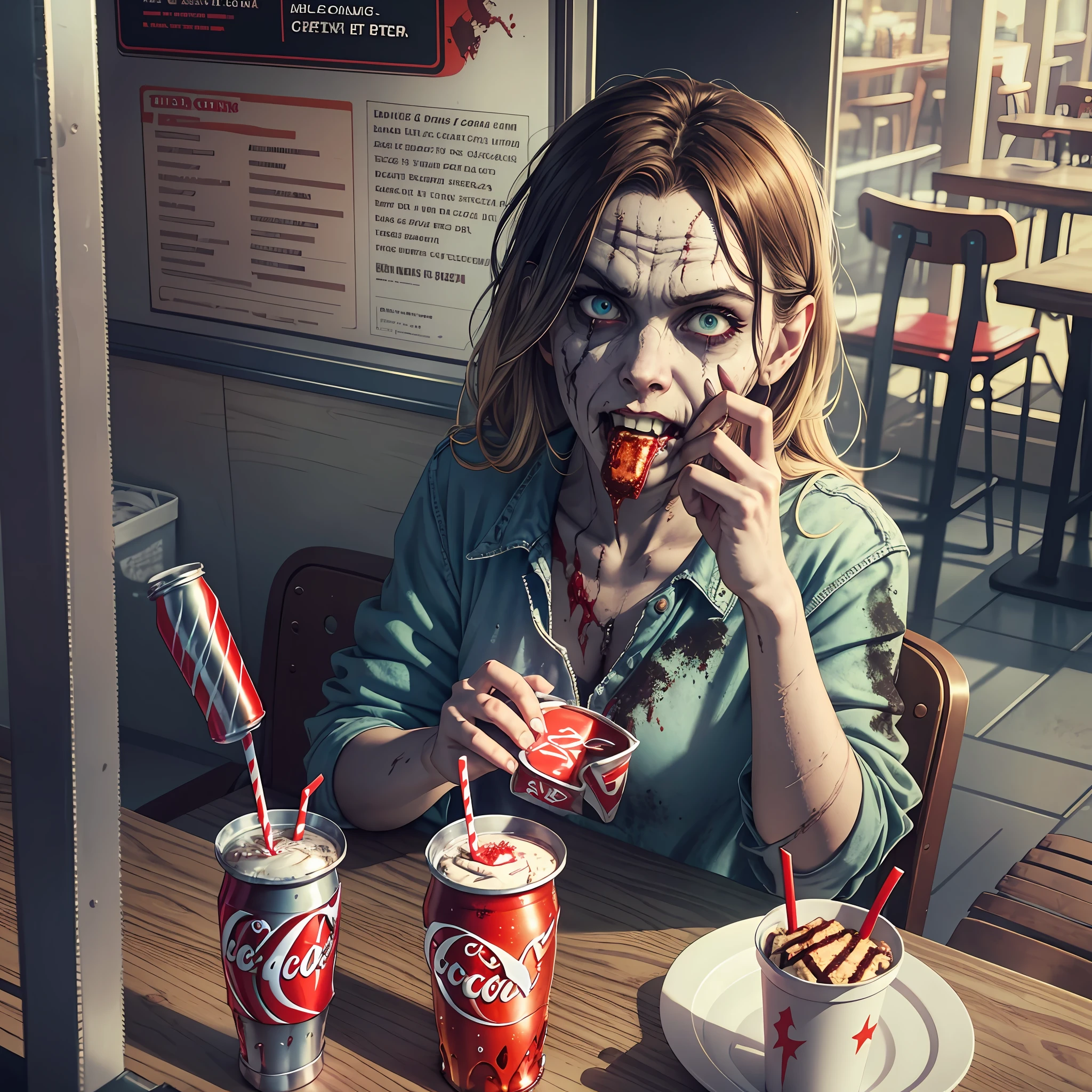 Create a zombie by eating an X burger and sipping a Coke, sitting at a Mac Donald table at noon, happy environment, depth, shadows, spotlights, details, shadows, textures, ultra realistic image, cinematic image,