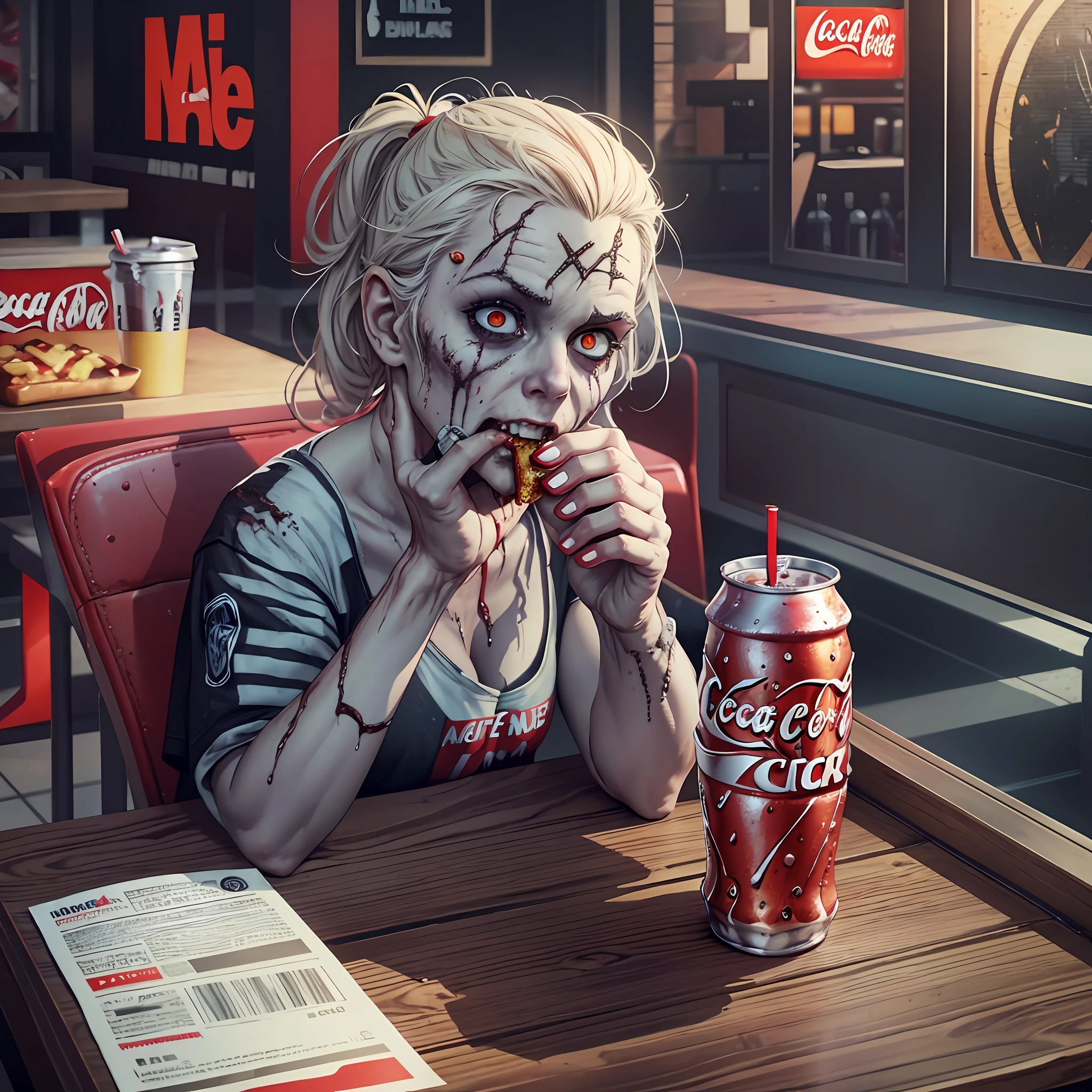 Create a zombie by eating an X burger and sipping a Coke, sitting at a Mac Donald table at noon, happy environment, depth, shadows, spotlights, details, shadows, textures, ultra realistic image, cinematic image,