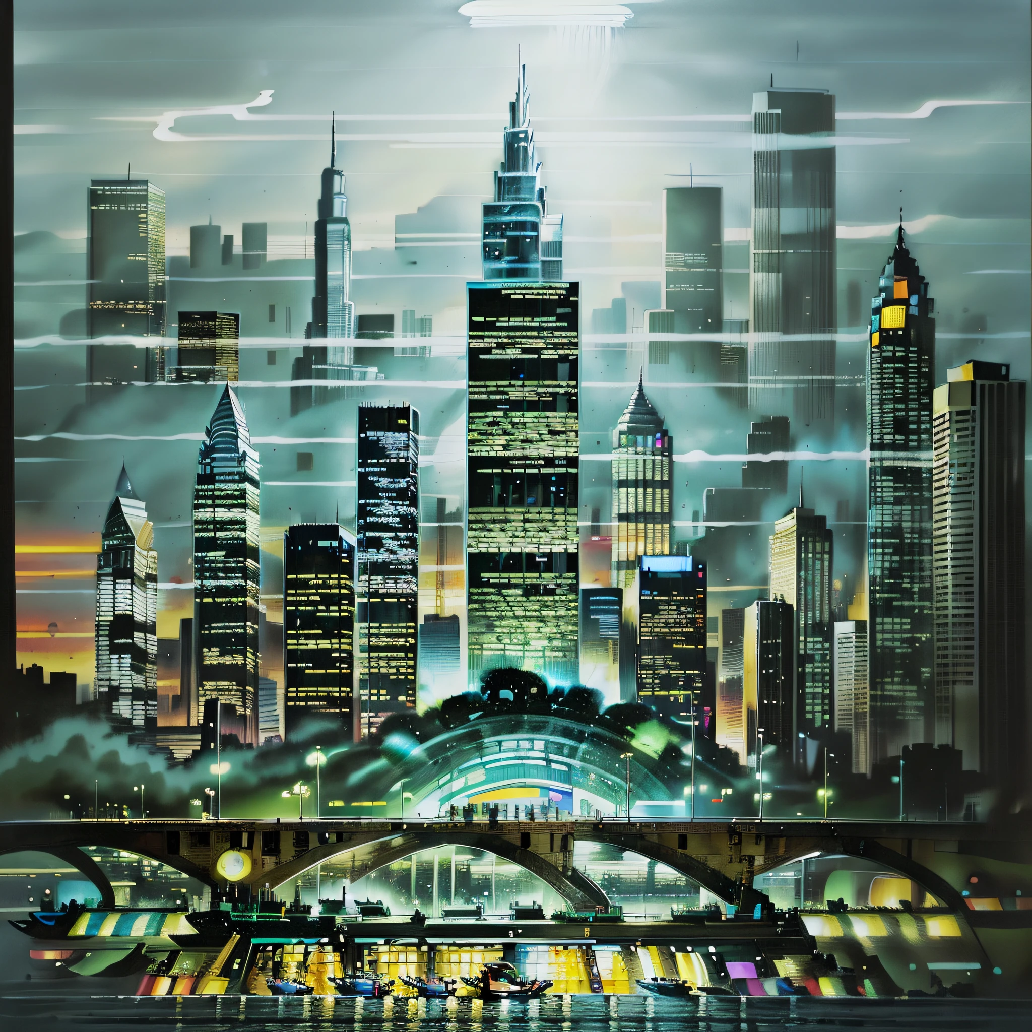 A 4:3 album cover that features a detailed and realistic illustration of buildings with spotlights. The illustration depicts the buildings with precision and richness of detail, creating a visually striking image.

The album cover features a night scene of an urban city, with towering skyscrapers and bright spotlights illuminating the landscape. The art is meticulously crafted to convey the feeling of a vibrant and lively metropolis.

The colors used in the illustration are predominantly metallic, adding a touch of sophistication and modernity. The metallic tones reflect the light of the spotlights, creating an impactful visual effect.

The atmosphere of the cover is dynamic and engaging, capturing the pulsating energy of a bustling city at night. The realistic illustration provides a sense of immersion, transporting the viewer to this urban environment full of lights and towering skyscrapers.