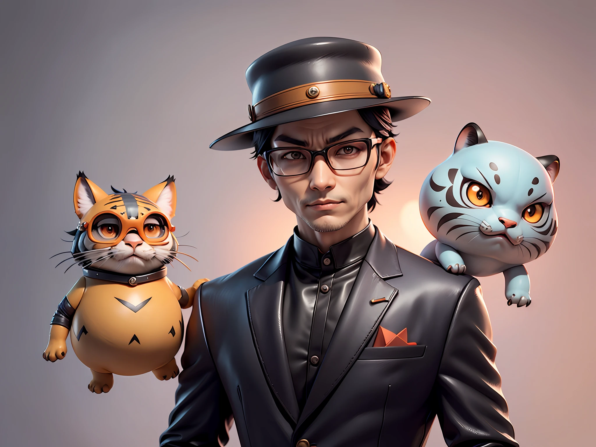 Young man with oriental face in leather hat, tiger, oriental face in formal suit, short black hair, silver glasses, digital painting, 3D character design by Mark Clairedon and Pixar and Hayao Miyazaki and Akira Toriyama, the illustration is a high-definition illustration in 4K resolution with very detailed facial features and cartoon-style visuals.