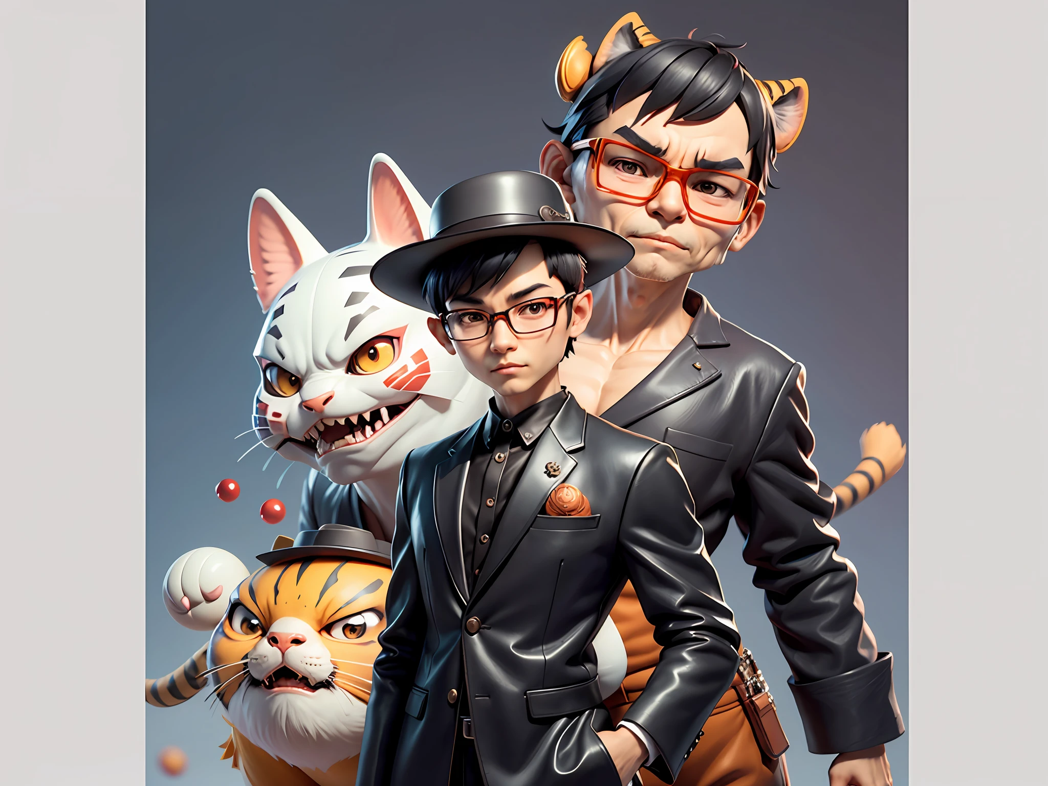 Young man with oriental face in leather hat, tiger, oriental face in formal suit, short black hair, silver glasses, digital painting, 3D character design by Mark Clairedon and Pixar and Hayao Miyazaki and Akira Toriyama, the illustration is a high-definition illustration in 4K resolution with very detailed facial features and cartoon-style visuals.