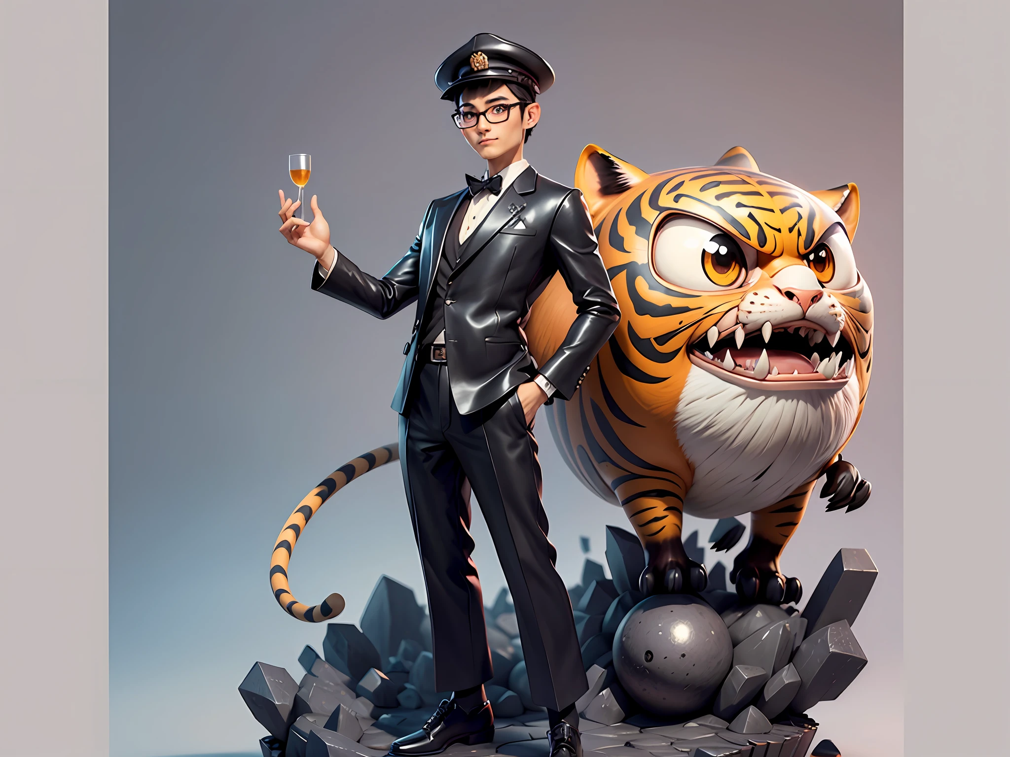 Young man with oriental face in leather hat, tiger, oriental face in formal suit, short black hair, silver glasses, digital painting, 3D character design by Mark Clairedon and Pixar and Hayao Miyazaki and Akira Toriyama, the illustration is a high-definition illustration in 4K resolution with very detailed facial features and cartoon-style visuals.