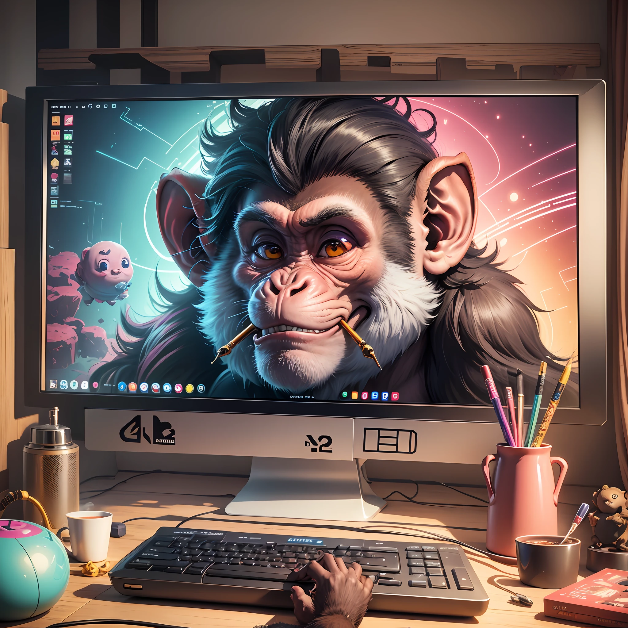 4k, 8k, cartoon, monkey in the bedroom playing on a gamer computer with a hookah next to it --auto --s2