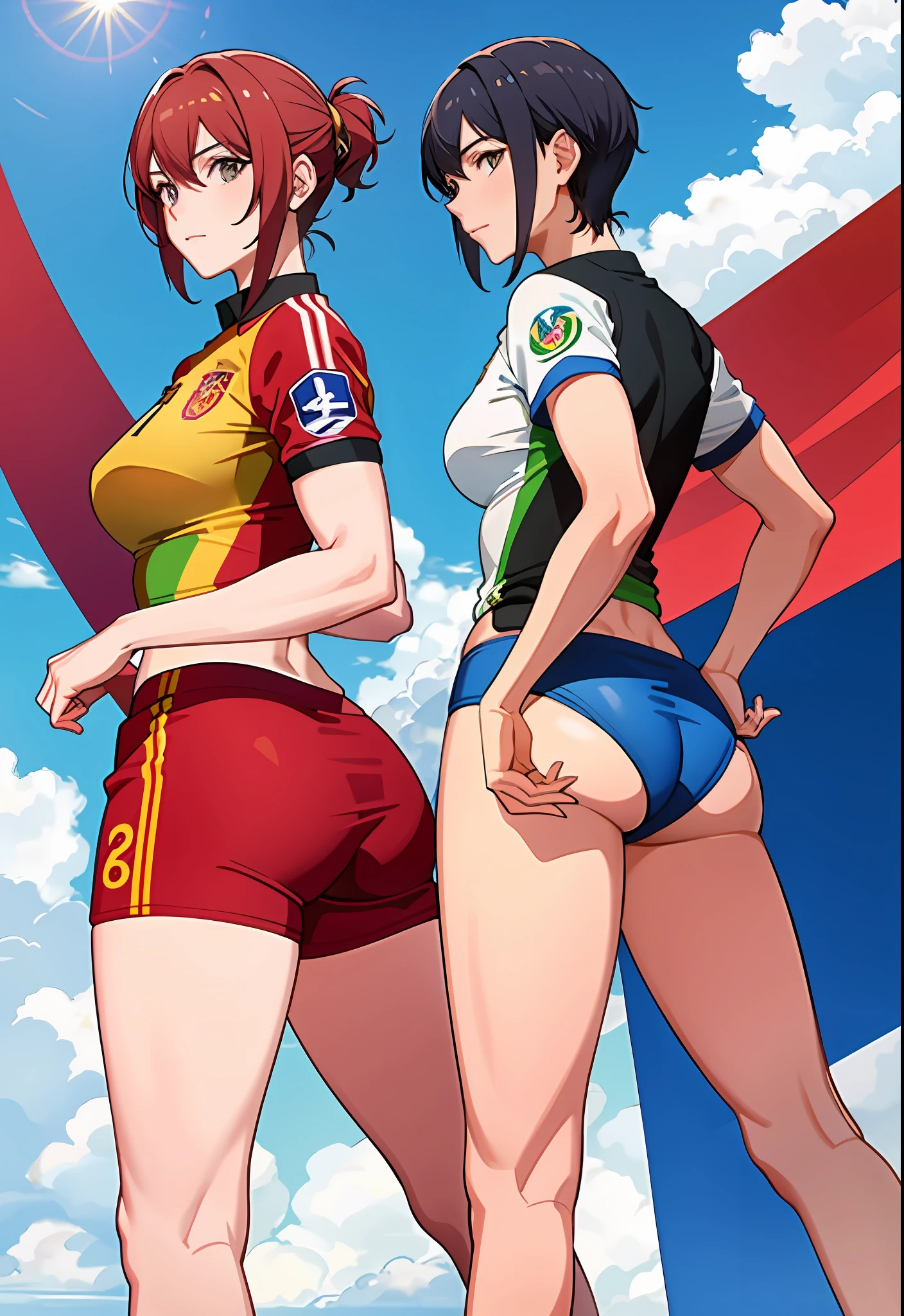 soccer player, 6 women, Spain women, red uniform, Brazil women's female player, yellow uniform, short hair, muscular, leg muscles, big breasts, big, big ass, big ass, blue sky, lawn