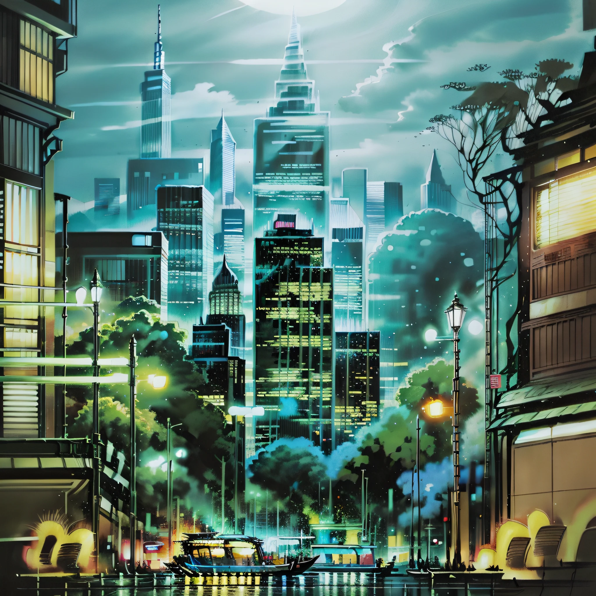 A 4:3 album cover that features a detailed and realistic illustration of buildings with spotlights. The illustration depicts the buildings with precision and richness of detail, creating a visually striking image.
The album cover features a night scene of an urban city, with towering skyscrapers and bright spotlights illuminating the landscape. The art is meticulously crafted to convey the feeling of a vibrant and lively metropolis.
The colors used in the illustration are predominantly metallic, adding a touch of sophistication and modernity. The metallic tones reflect the light of the spotlights, creating an impactful visual effect.
The atmosphere of the cover is dynamic and engaging, capturing the pulsating energy of a bustling city at night. The realistic illustration provides a sense of immersion, transporting the viewer to this urban environment full of lights and towering skyscrapers.