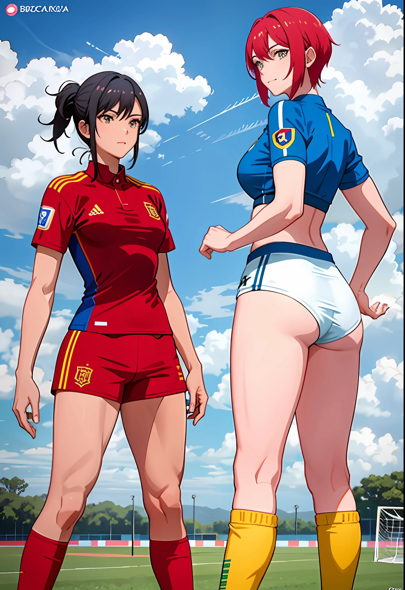 soccer player, 6 women, Spain women, red uniform, Brazil women's female player, yellow uniform, short hair, muscular, leg muscles, big breasts, big, big ass, big ass, blue sky, lawn