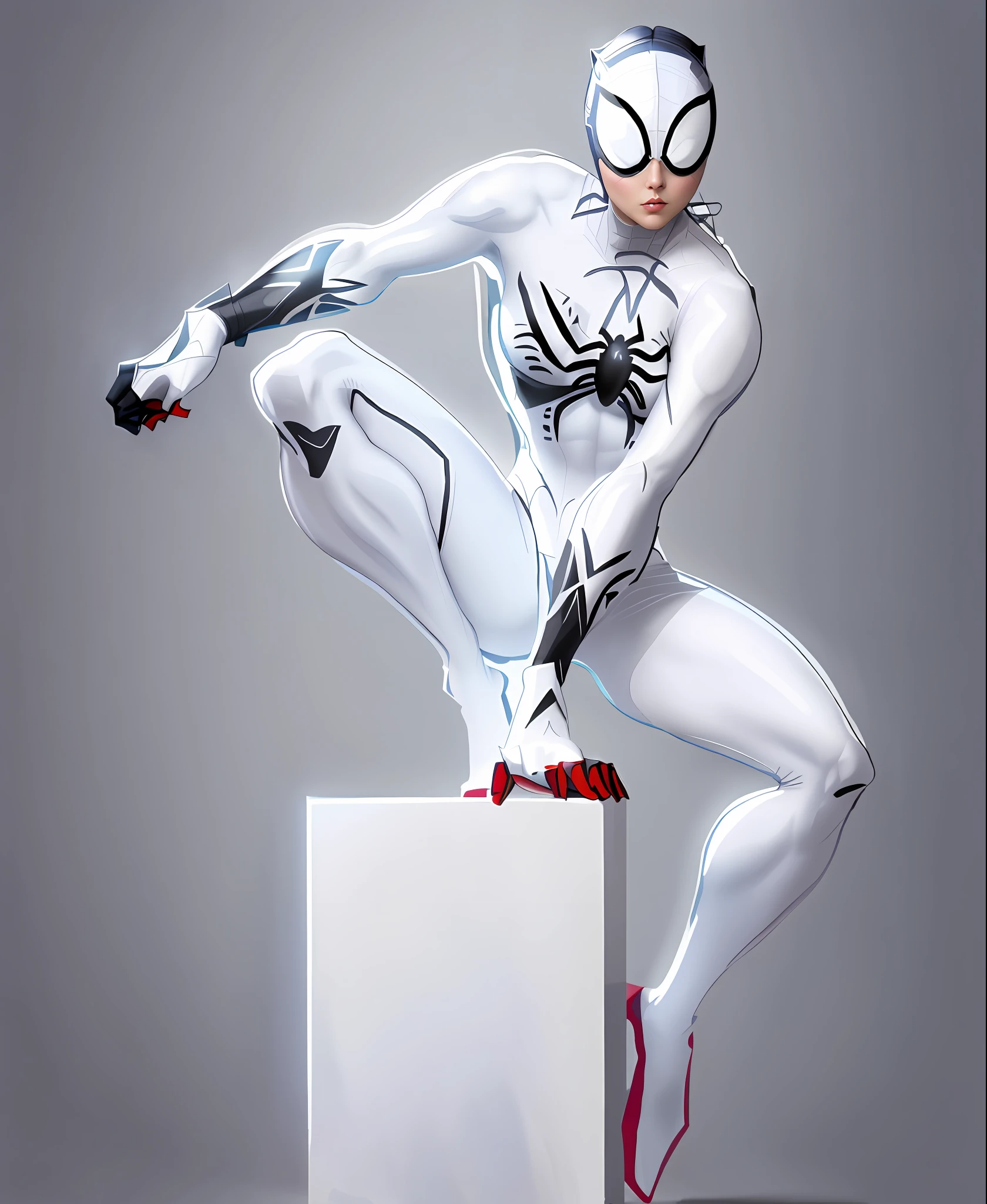 spider - man in a white suit is standing on a block, detailed full body concept, character posing for concept art, doja cat as cat woman, full body concept, beautiful full body concept art, posing for a fight intricate, character is in her natural pose, detailed full body concept art, pose study, catwoman, neutral pose, legs stretched!!! intricate