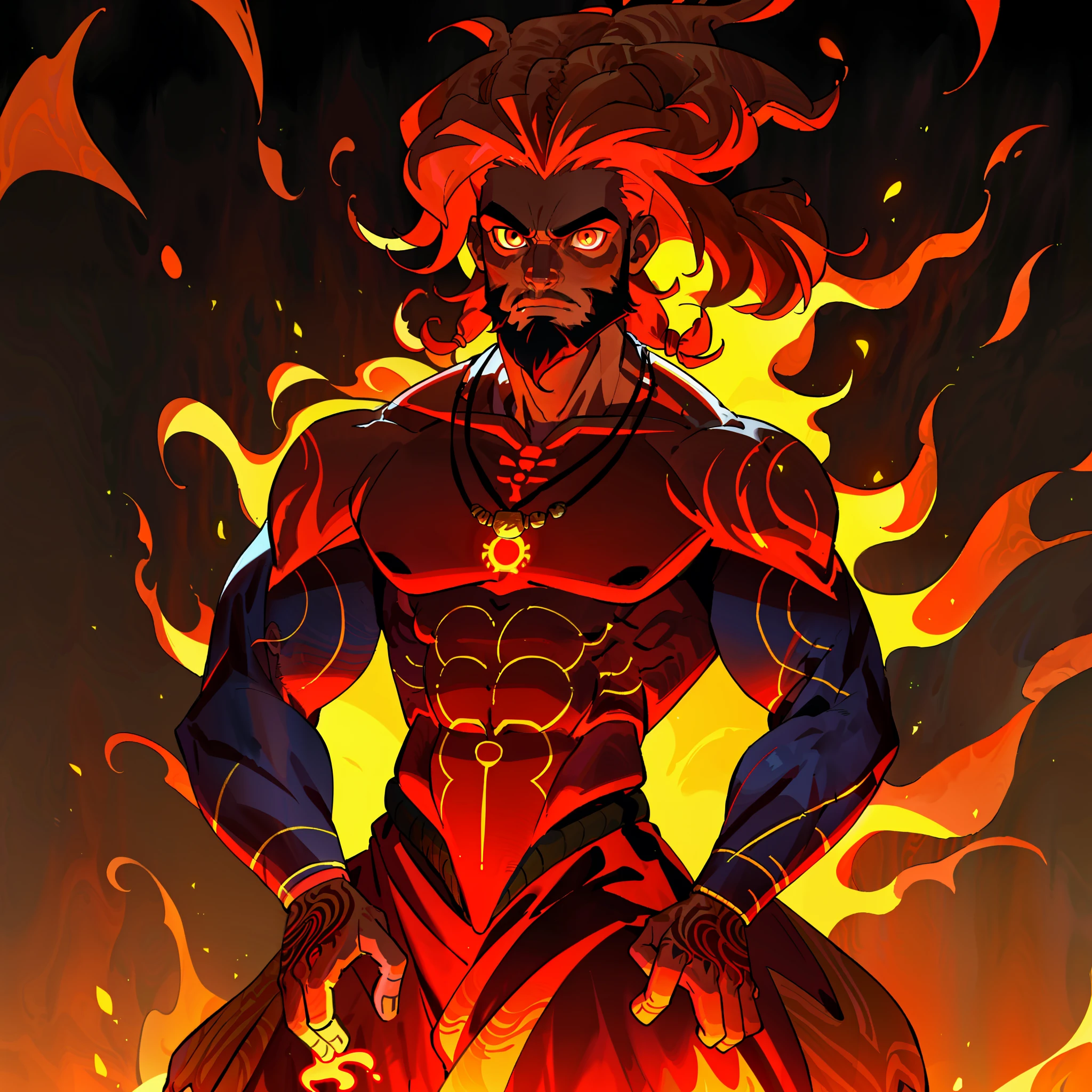 (Fire hair:1.0), brown skin, glowing eyes, (African male:1.0), muscle, fire background, glowing tattoos, 8k, high definition, huge resolution, (dreamlike style:1.0), bright colors, half body perspective, bone necklace, handsome, short beard,