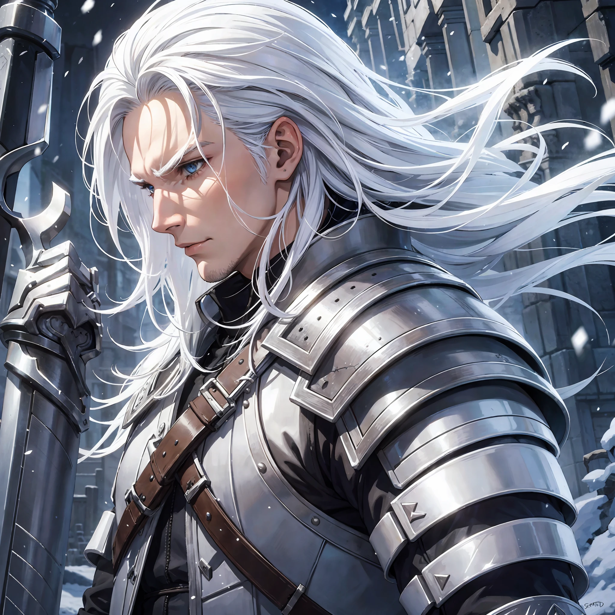 Man 23 years white hair, white armor equal snow, black sword, 4k, ultra realistic, inspired by geralt from the game the winther, background flames --auto --s2