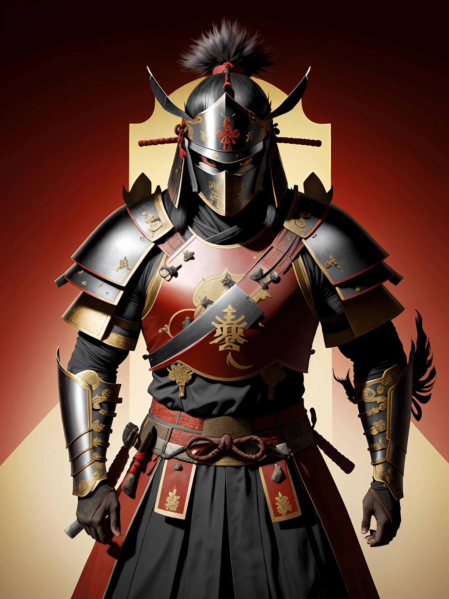 1 Warrior man in Chinese castle, wearing (samurai armor), with helmet covering face, drop shadow, halftone, vanishing point, diffraction peaks, f/1.8, Nikon, high detail, UHD, masterpiece, best quality, highres, 32k
