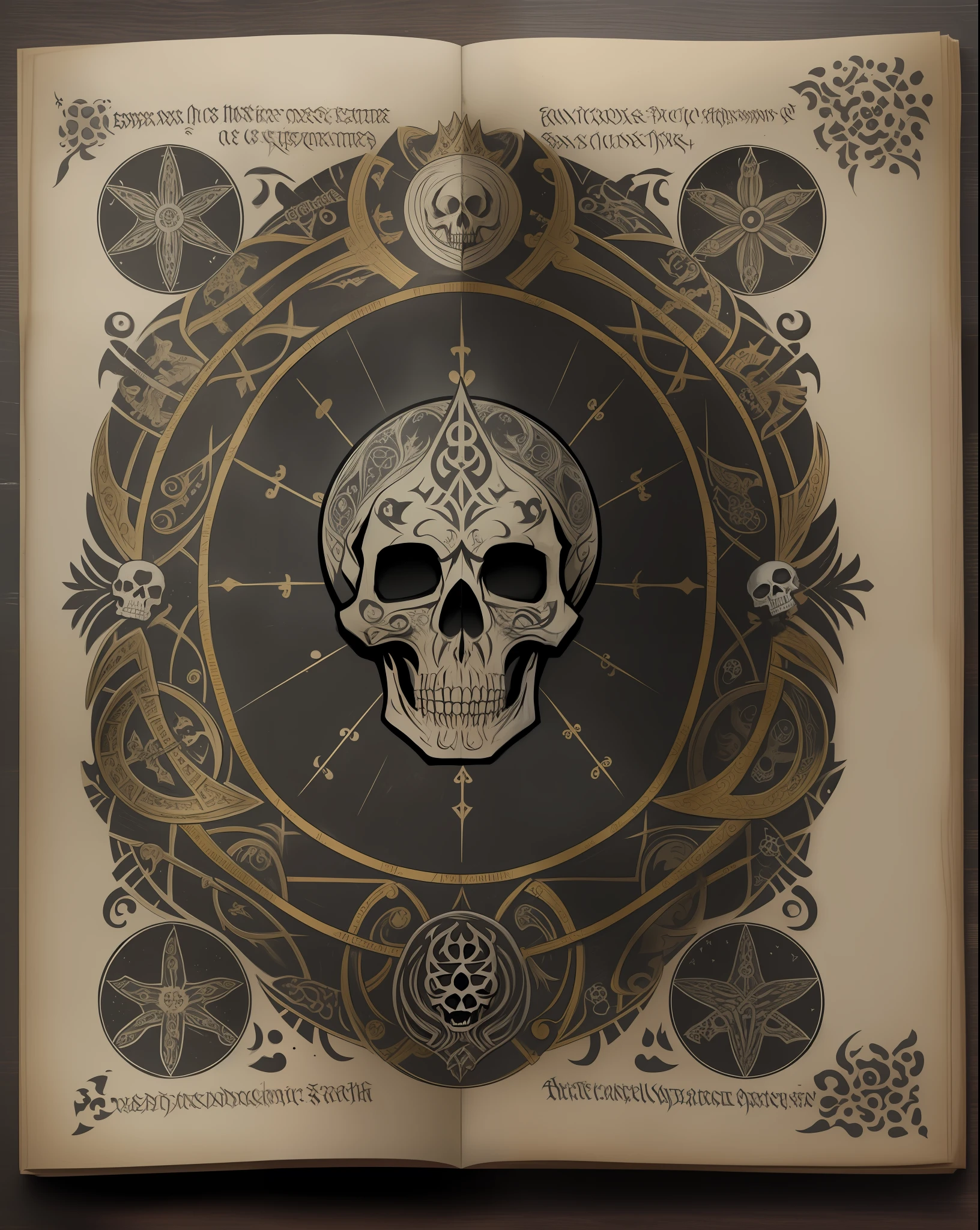 the front cover of an ancient medieval English codex, black and grey and gold parchment, black ink text, black ink lettering, skull illustrations, death illustrations, small magical symbols, view from above, centred, extremely high details, scruffy:1.5, rough1:5, stained:1.5, bright natural colours:1.0