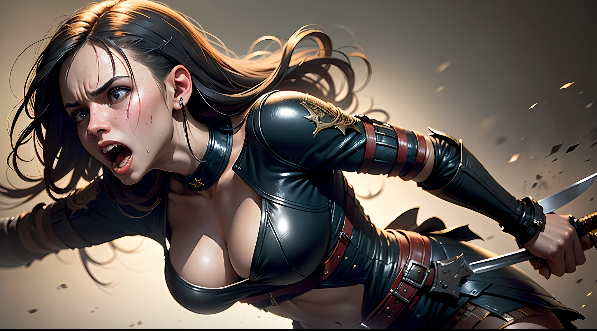 close-up of a young woman holding a knife screaming after a battle seamless background, picture perfect, studio shot, intricate, highly detailed, by greg rutkowski,