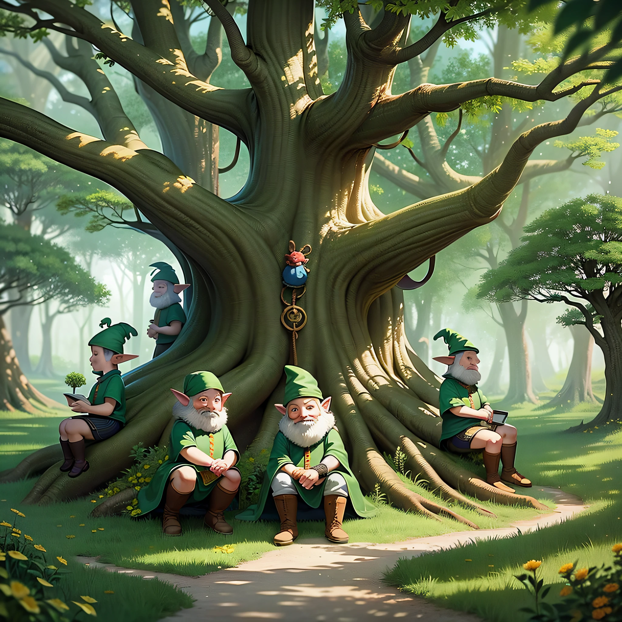 A forest with a giant tree with branches shaped like arms, 7 gnomes sitting under that tree, lots of leaves and bright flowers on the ground