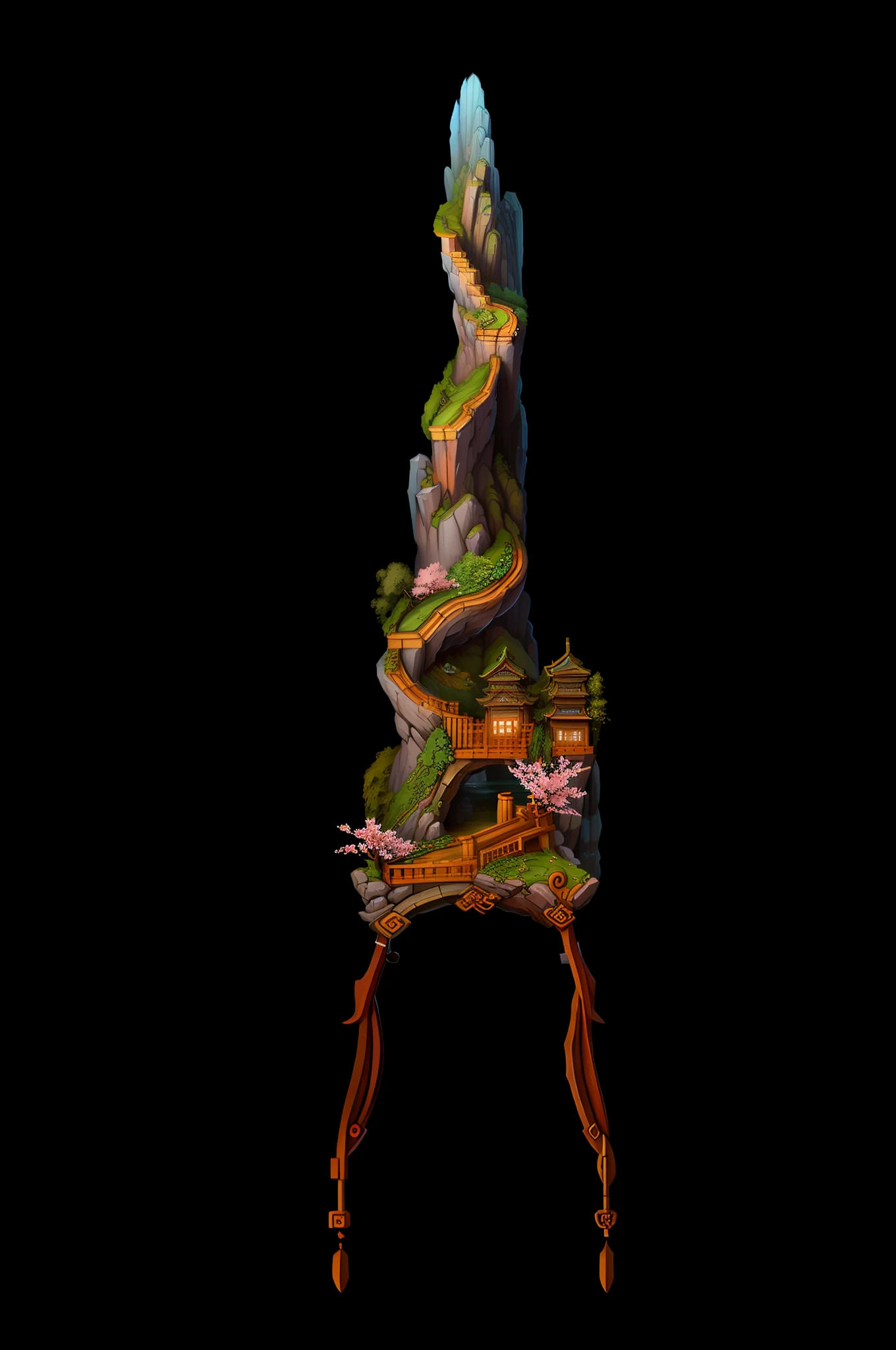 Best Quality, Art Station Trend, Masterpiece, Chinese Architecture, Arches, Steps, Waterfalls, Streams, Peach Blossoms, [[Alps|Chopper|Flowering Tree]: Waterfall: 0.3], Straight [Stone|Root|Leaf|Branch|Stalk] with Bracket, [Flower: 0.5] Sword Hilt
