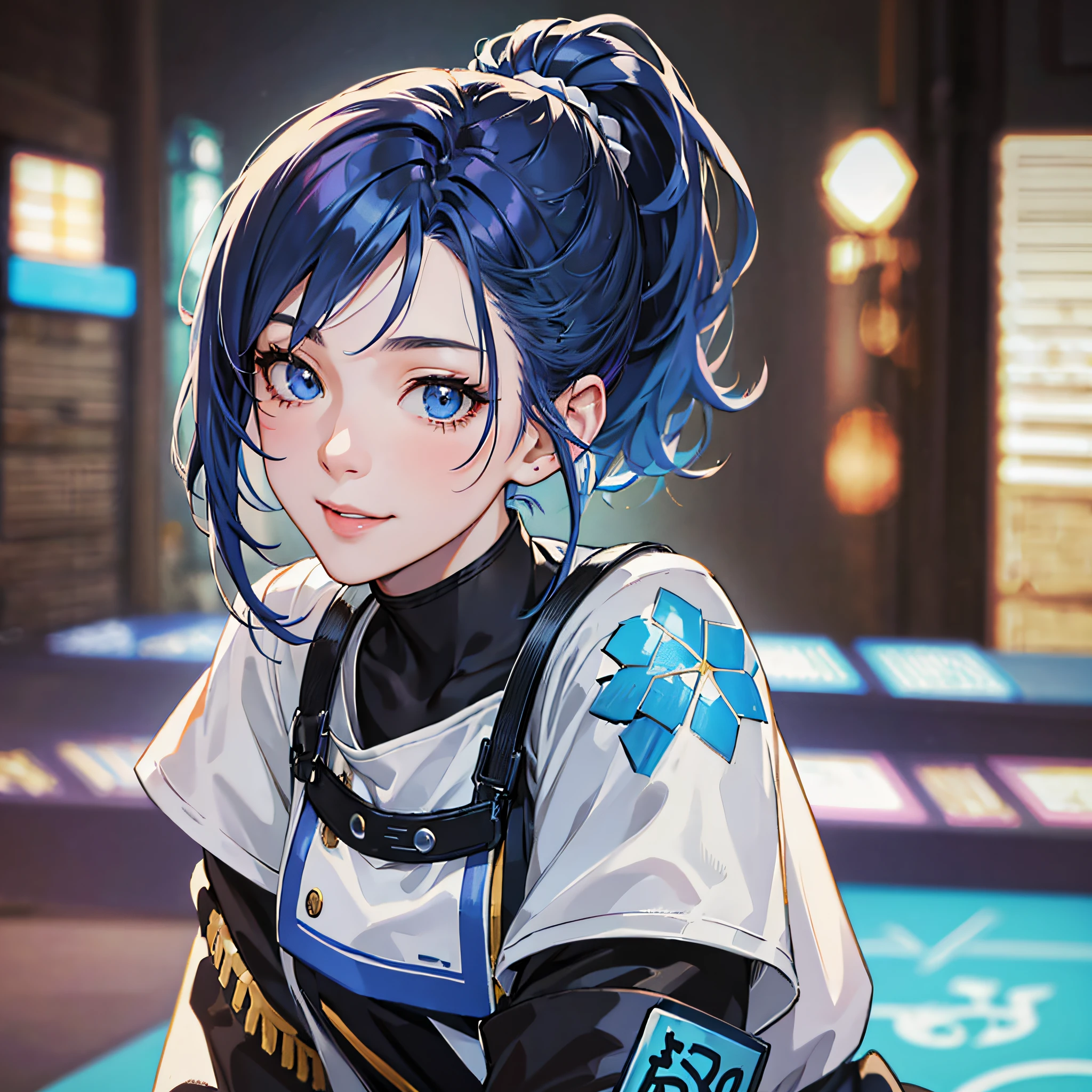 1 anime girl, pretty, inverted bob hair, dark blue hair, ponytail, smile, intricate detail, depth of field, cinematic lighting, backlighting, (masterpiece), (high details), award winning, high quality, best quality, 8k, crouching on a cube with a blue background, e-girl, cynthwave, japanese streetwear, fashwave, photo of breeze kaze, mid shot portrait, jpop clothing --auto --s2
