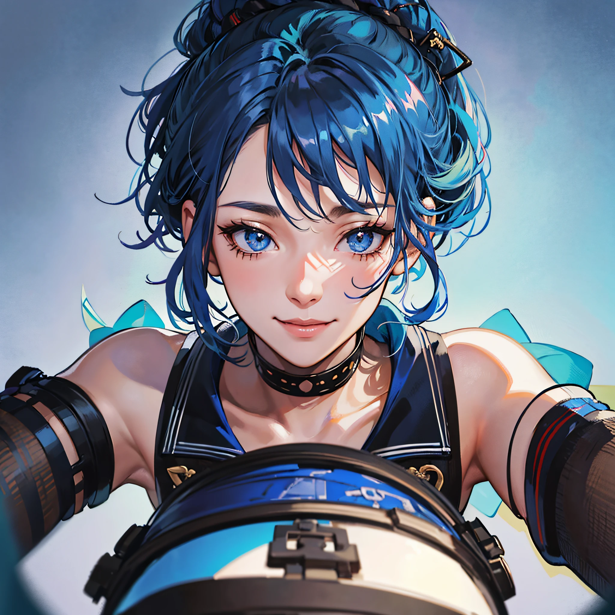 1 anime girl, pretty, inverted bob hair, dark blue hair, ponytail, smile, intricate detail, depth of field, cinematic lighting, backlighting, (masterpiece), (high details), award winning, high quality, best quality, 8k, crouching on a cube with a blue background, e-girl, cynthwave, japanese streetwear, fashwave, photo of breeze kaze, mid shot portrait, jpop clothing --auto --s2