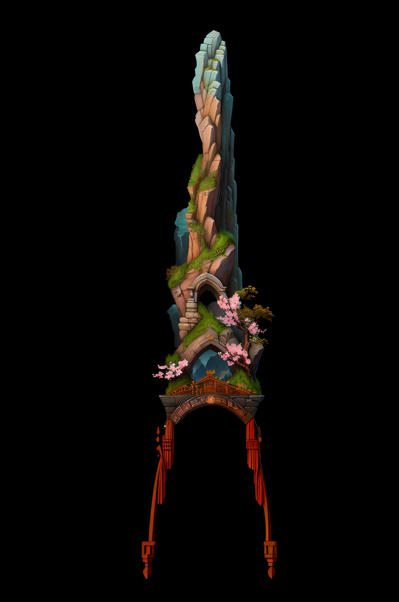 Best Quality, Art Station Trend, Masterpiece, Chinese Architecture, Arches, Steps, Waterfalls, Streams, Peach Blossoms, [[Alps|Chopper|Flowering Tree]: Waterfall: 0.3], Straight [Stone|Root|Leaf|Branch|Stalk] with Bracket, [Flower: 0.5] Sword Hilt
