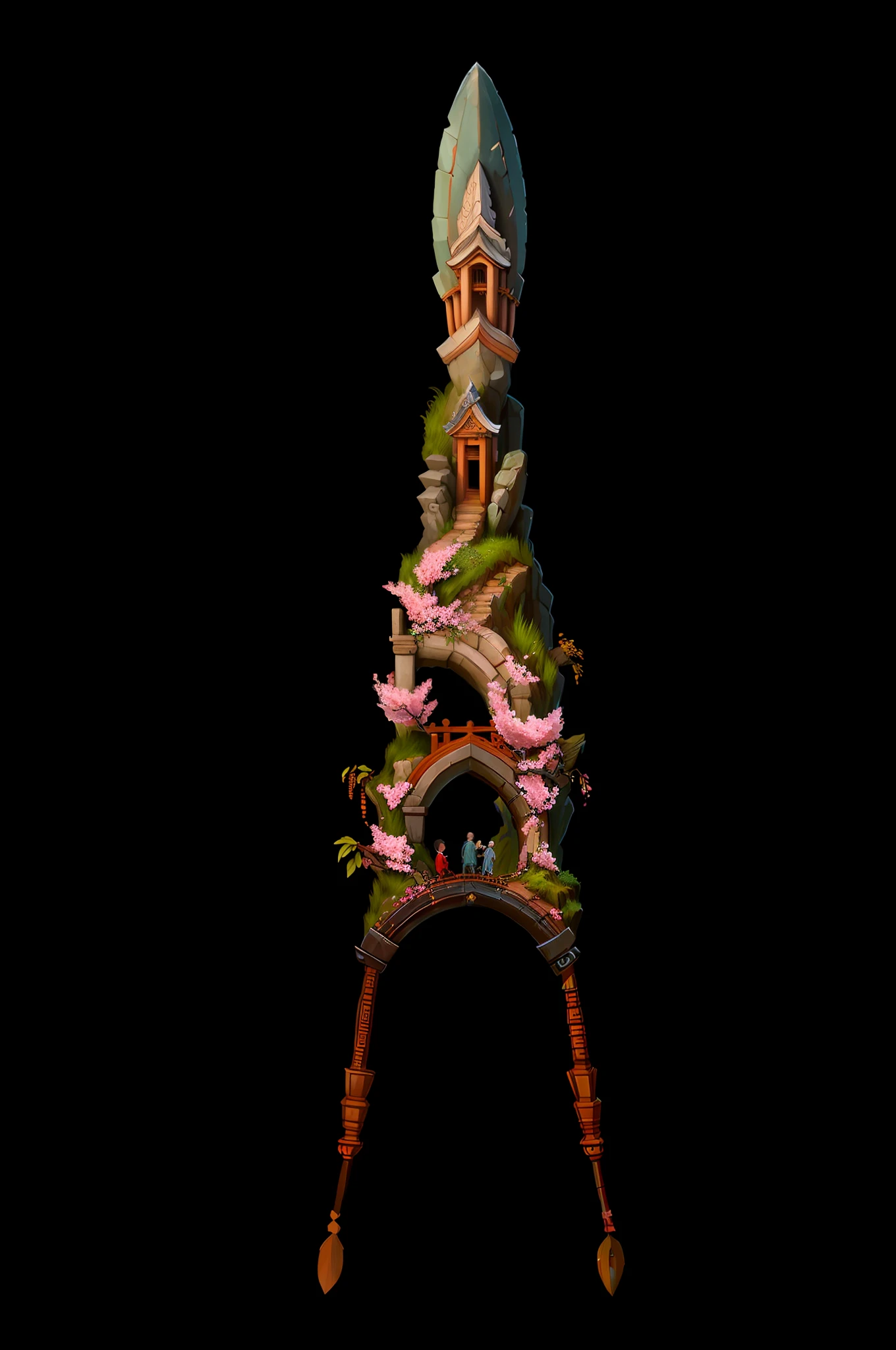 Best Quality, Art Station Trend, Masterpiece, Chinese Architecture, Arches, Steps, Waterfalls, Streams, Peach Blossoms, [[Alps|Chopper|Flowering Tree]: Waterfall: 0.3], Straight [Stone|Root|Leaf|Branch|Stalk] with Bracket, [Flower: 0.5] Sword Hilt