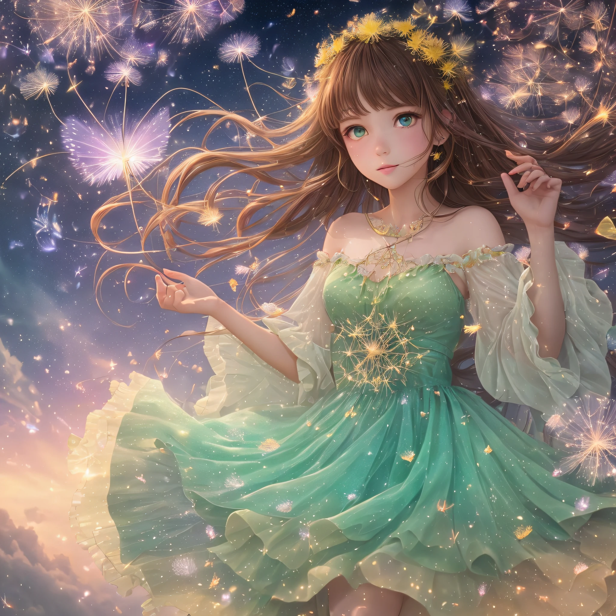 (extremely detailed CG unity 8k wallpaper, best quality), glowing, surreal, dreamy, surrealism, pastel colors, floating, beautiful, fantastic, breathtaking, heavenly, celestial, (1girl), (brown hair, green eyes), flowy dress, (dandelion seeds, butterflies), (sparkling, shining, ethereal), magic, (soft glow, blur, haze), (whimsical, enchanting, fantasy) --auto --s2