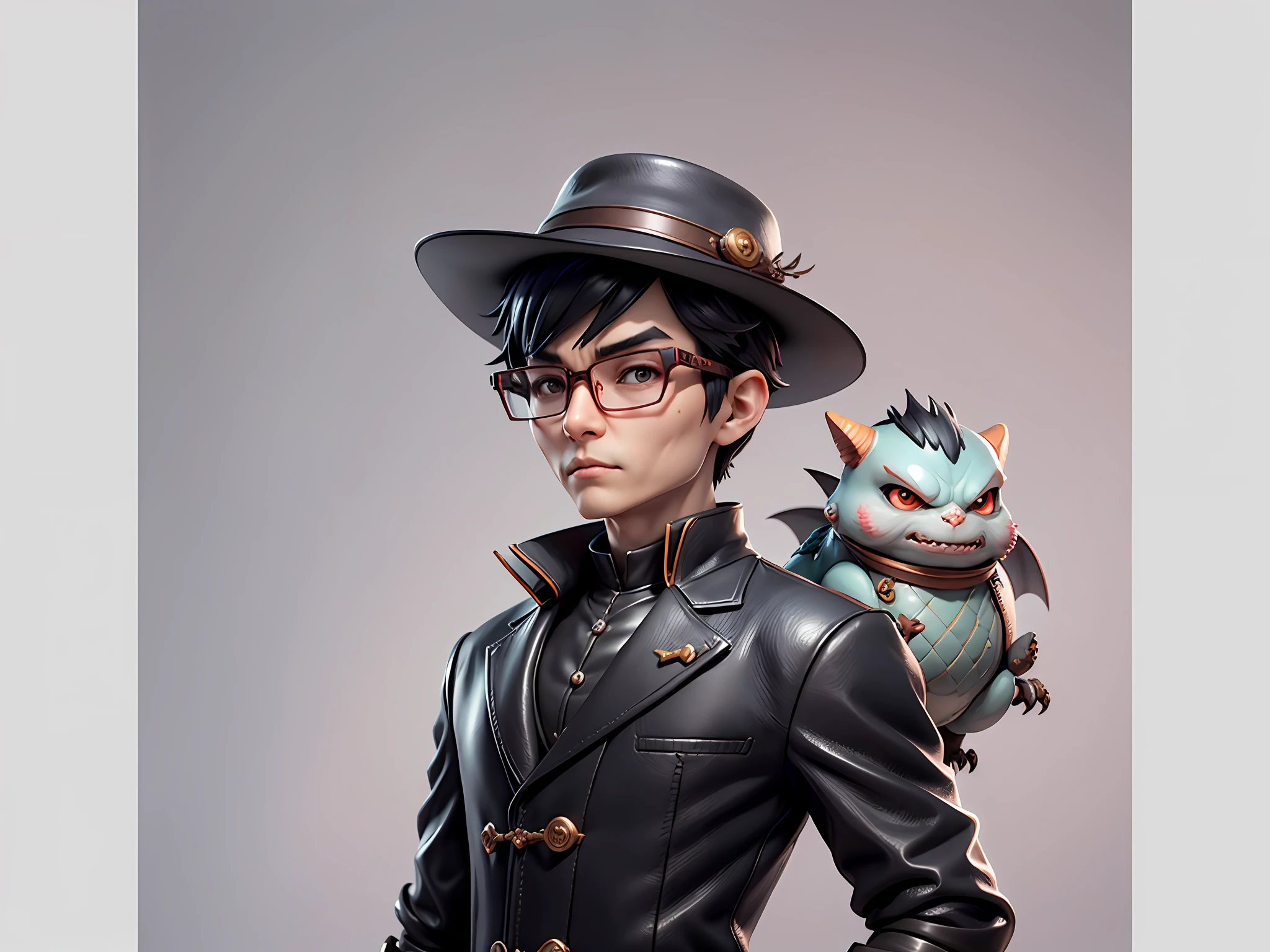 Young man with oriental face in leather hat, dragon, formal suit, short black hair, silver glasses, digital painting, 3D character design by Mark Clairedon and Pixar and Hayao Miyazaki and Akira Toriyama, the illustration is a high-definition illustration in 4K resolution with very detailed facial features and cartoon-style visuals.