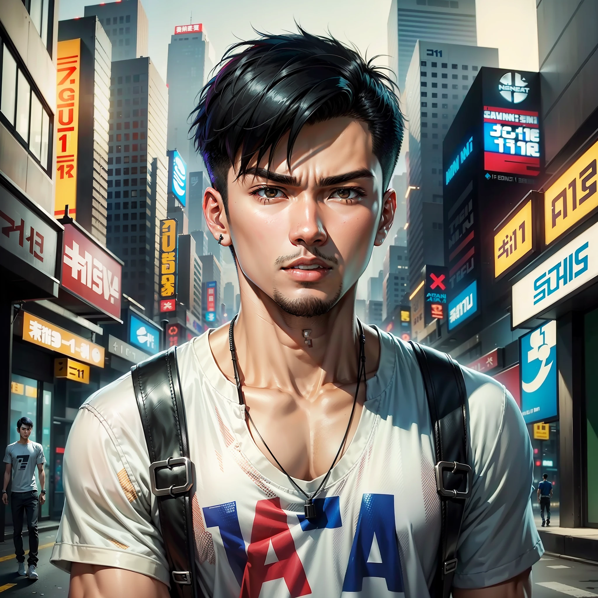 1 young man 23 Asian Grand Theft Auto style, short hair, wearing modern clothes (best quality), ((1:1 resolution)), (face centered), avatar photo only, (head + shoulders), realistic photo, film grain.