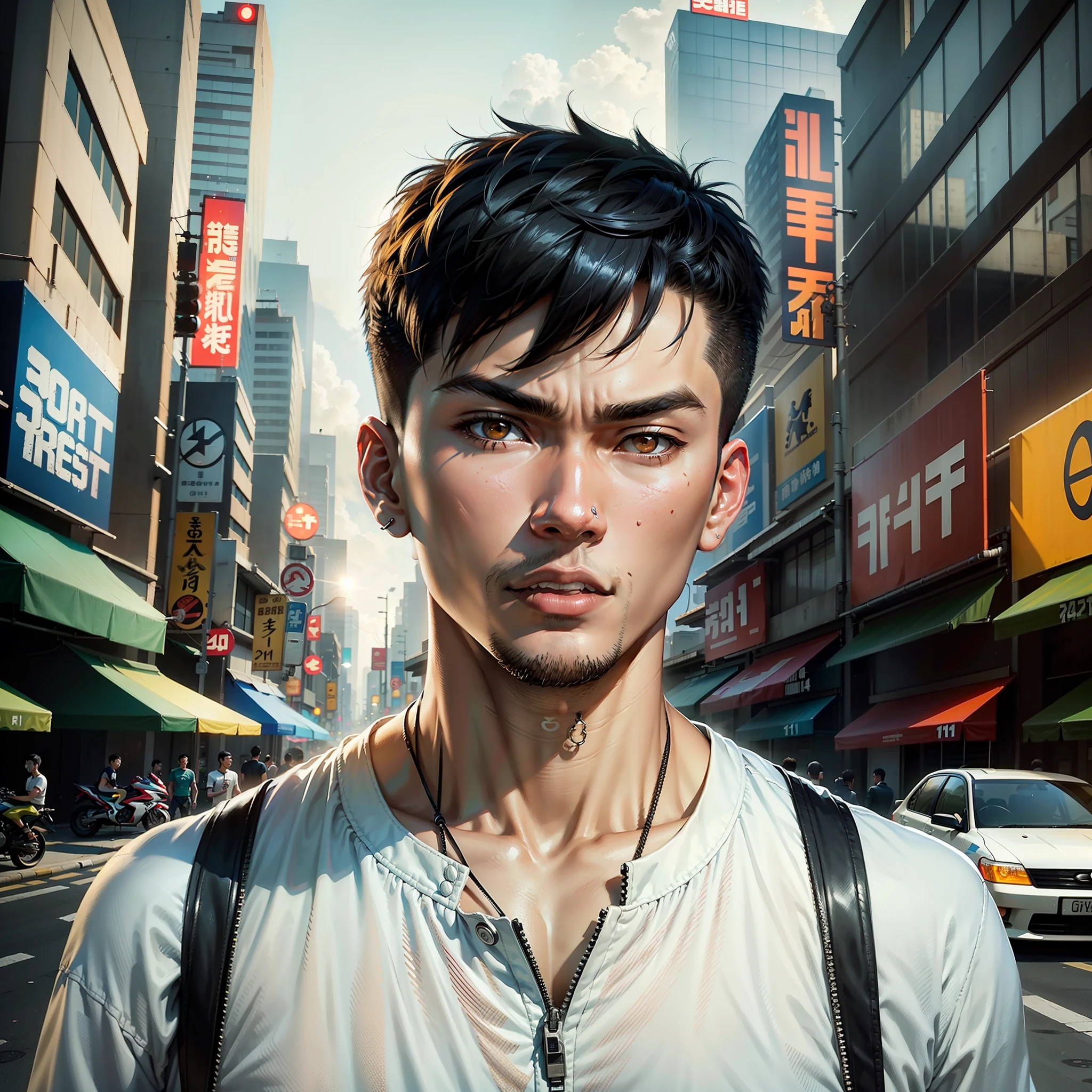 ung man 23 Asian Grand Theft Auto style, short hair, wearing modern clothes (best quality), ((1:1 resolution)), (face centered), avatar photo only, (head + shoulders), realistic photo, film grain.