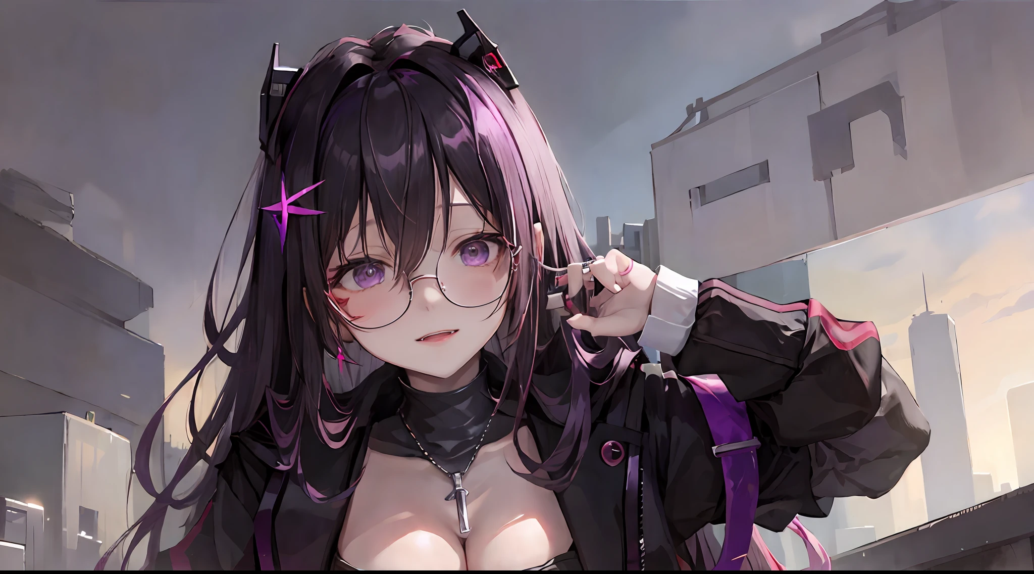 , female vampire, high quality, cyberpunk style, female, wearing round glasses, sci-fi, anime vampire girl, ((white purple black mixed hair)), half red half purple eyes, wearing round glasses, silver cross necklace, black rings, fangs, smile, wearing a large cybernetic coat with different lighting on it, large long cybernetic sickle, outside, cyberpunk city, red black purple lighting, strong colors