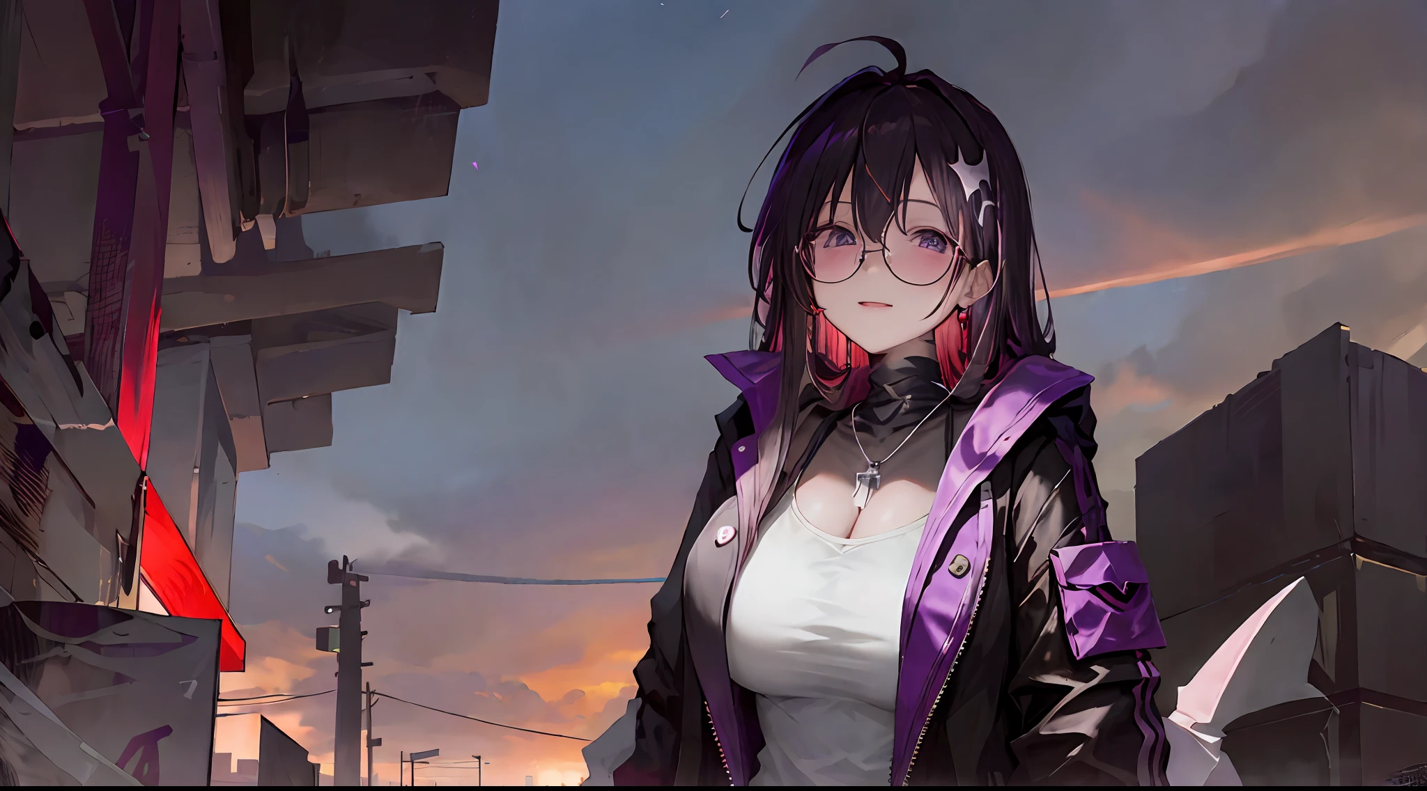 , female vampire, high quality, cyberpunk style, female, wearing round glasses, sci-fi, anime vampire girl, ((white purple black mixed hair)), half red half purple eyes, wearing round glasses, silver cross necklace, black rings, fangs, smile, wearing a large cybernetic coat with different lighting on it, large long cybernetic sickle, outside, cyberpunk city, red black purple lighting, strong colors