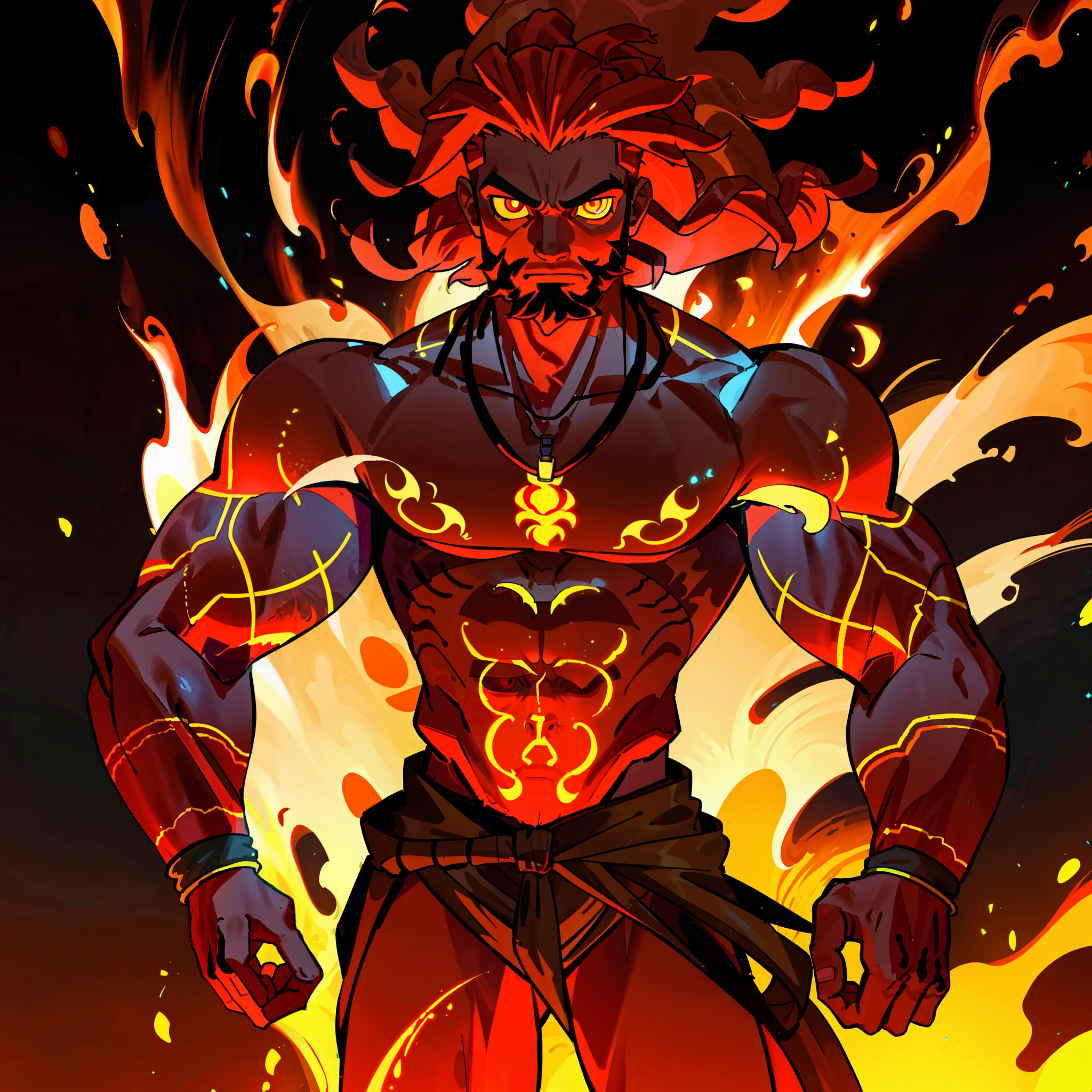 (Fire hair:1.0), brown skin, glowing eyes, (African male:1.0), muscle, fire background, glowing tattoos, 8k, high definition, huge resolution, (dreamlike style:1.0), bright colors, half body perspective, bone necklace, handsome, short beard,