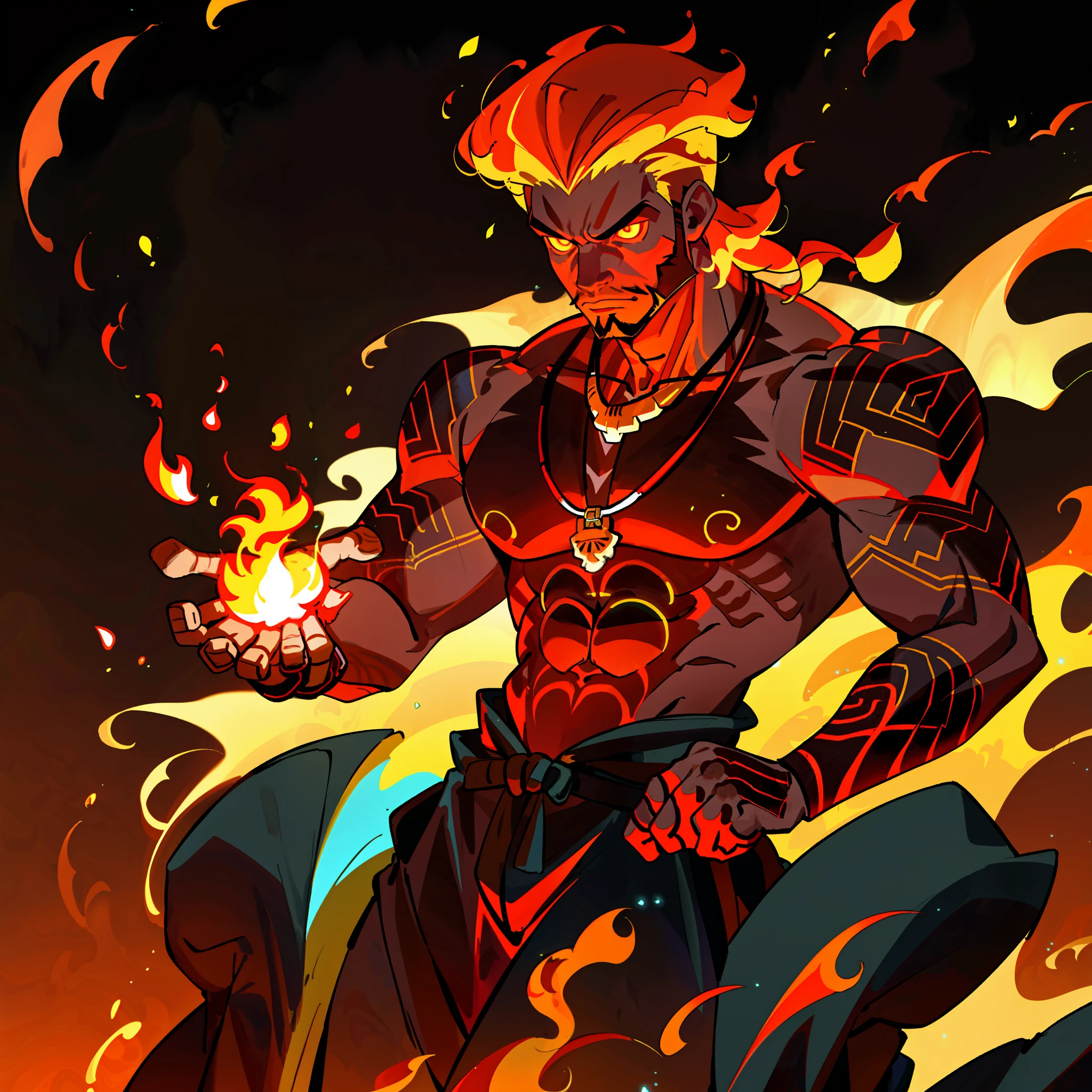 (Fire hair:1.0), brown skin, glowing eyes, (African male:1.0), muscle, fire background, glowing tattoos, 8k, high definition, huge resolution, (dreamlike style:1.0), bright colors, half body perspective, bone necklace, handsome, short beard,