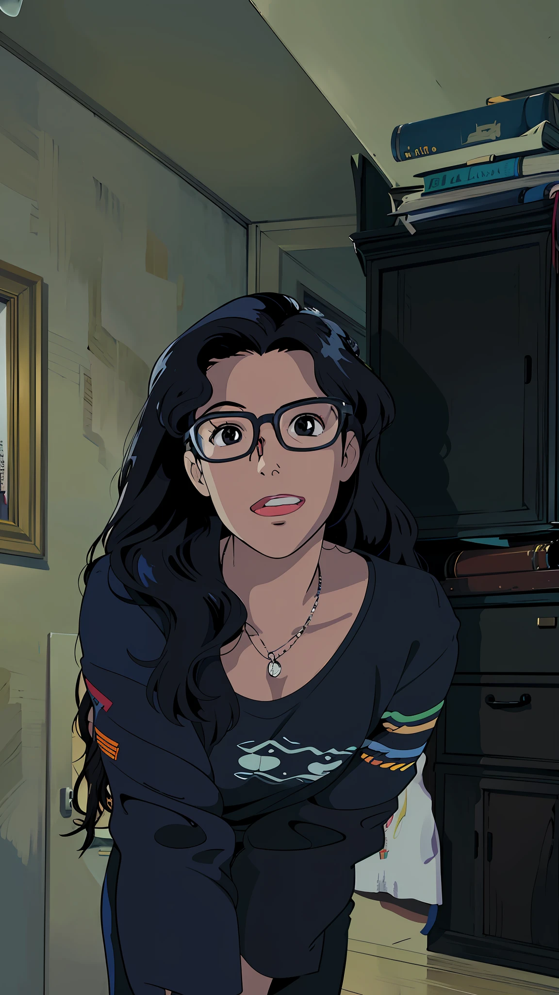 there is a woman with glasses standing in a room, long wavy black hair and glasses, very low quality image, with glasses, !! wearing modern glasses!, with glasses, professional profile picture, photo, profile picture, about 19 years old, girl with glasses, art anime studio ghibli 1989