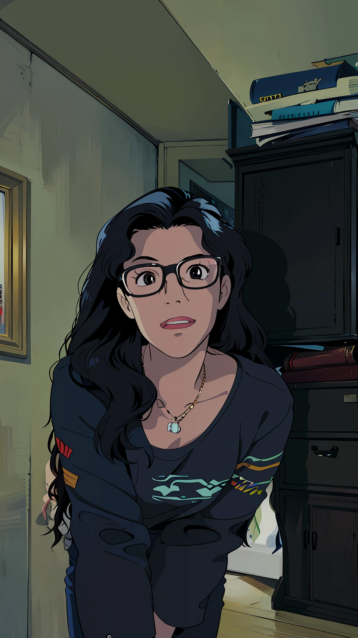 there is a woman with glasses standing in a room, long wavy black hair and glasses, very low quality image, with glasses, !! wearing modern glasses!, with glasses, professional profile picture, photo, profile picture, about 19 years old, girl with glasses, art anime studio ghibli 1989