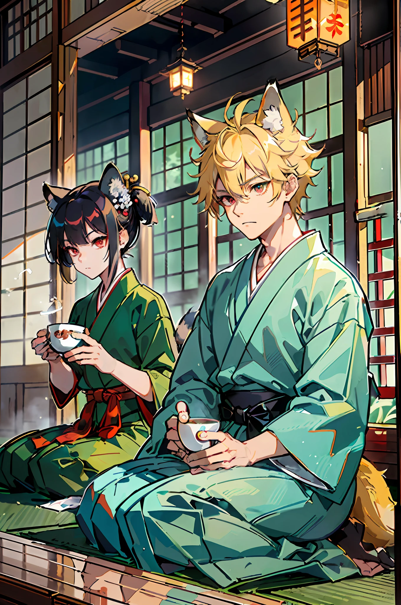 ((Representative work: 1.4, highest quality)), two boys standing, (blonde spiked hair and red eyes, fox ears and tail: 1.1), (green short hair and big eyes, raccoon ears and tail: 1.2), (Japan Shinto priest, white and light blue hakama: 1.3), sitting and drinking tea, the background is a temple in Kyoto.