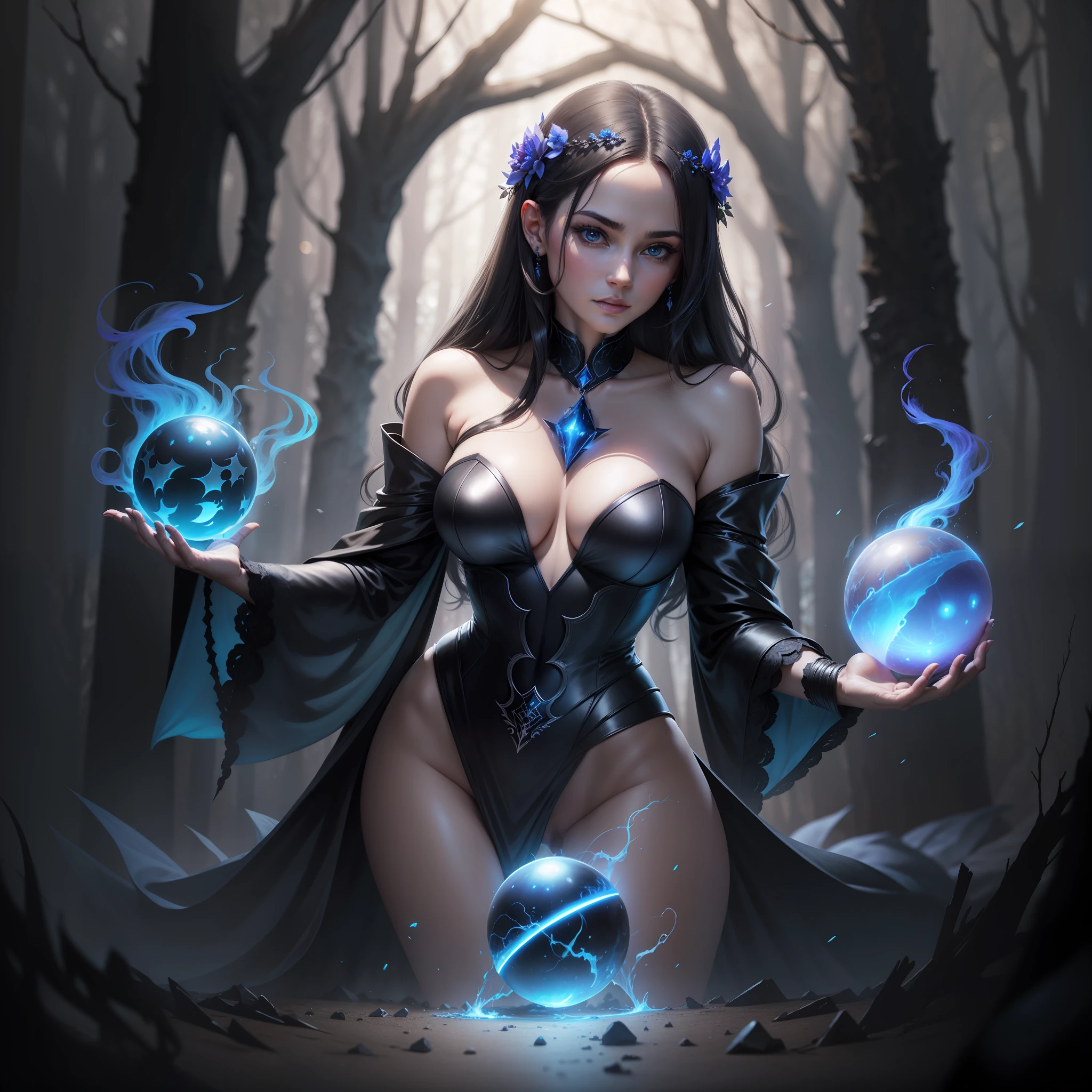 Sexy photo, cinematic light, a woman in a black dress holding a blue ball of magic in her hand, beautiful sorceress, dark sorceress, goddess of the underworld, goddess hecate, fae priestess, evil sorceress, one leg to show, dress, big neckline, Forest background, Dark theme, gorgeous face, mysterious and dark face