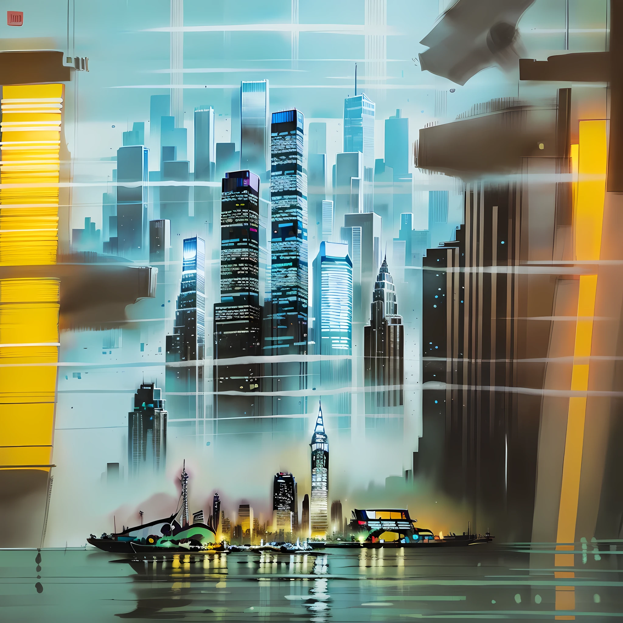 A 4:3 album cover that features a detailed and realistic illustration of buildings with spotlights. The illustration depicts the buildings with precision and richness of detail, creating a visually striking image.

The album cover features a night scene of an urban city, with towering skyscrapers and bright spotlights illuminating the landscape. The art is meticulously crafted to convey the feeling of a vibrant and lively metropolis.

The colors used in the illustration are predominantly metallic, adding a touch of sophistication and modernity. The metallic tones reflect the light of the spotlights, creating an impactful visual effect.

The atmosphere of the cover is dynamic and engaging, capturing the pulsating energy of a bustling city at night. The realistic illustration provides a sense of immersion, transporting the viewer to this urban environment full of lights and towering skyscrapers.