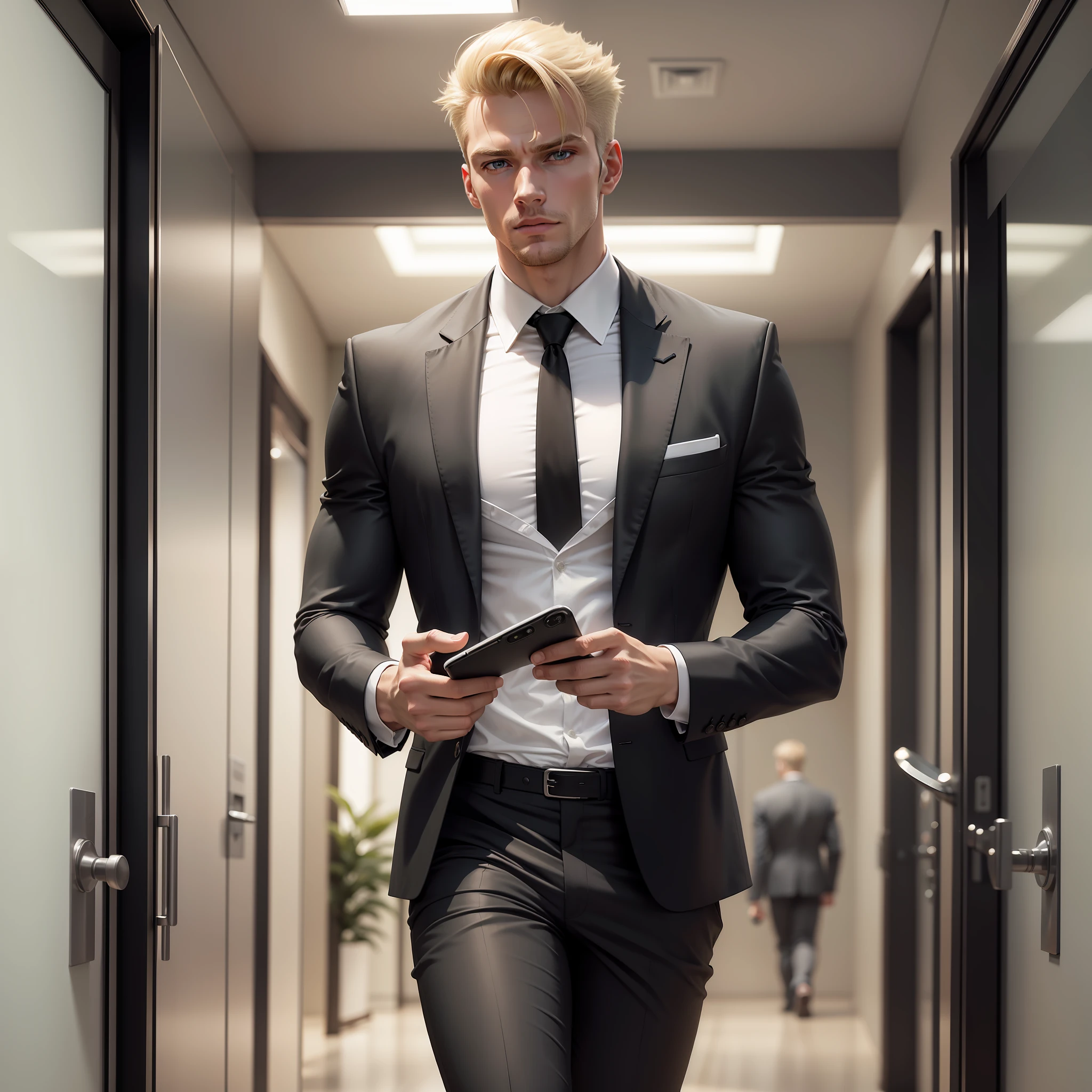 Ultra realistic image of a handsome, athletic blond man, dressed in a black jacket and a white blouse underneath, walking out of a meeting room, looking at his cell phone