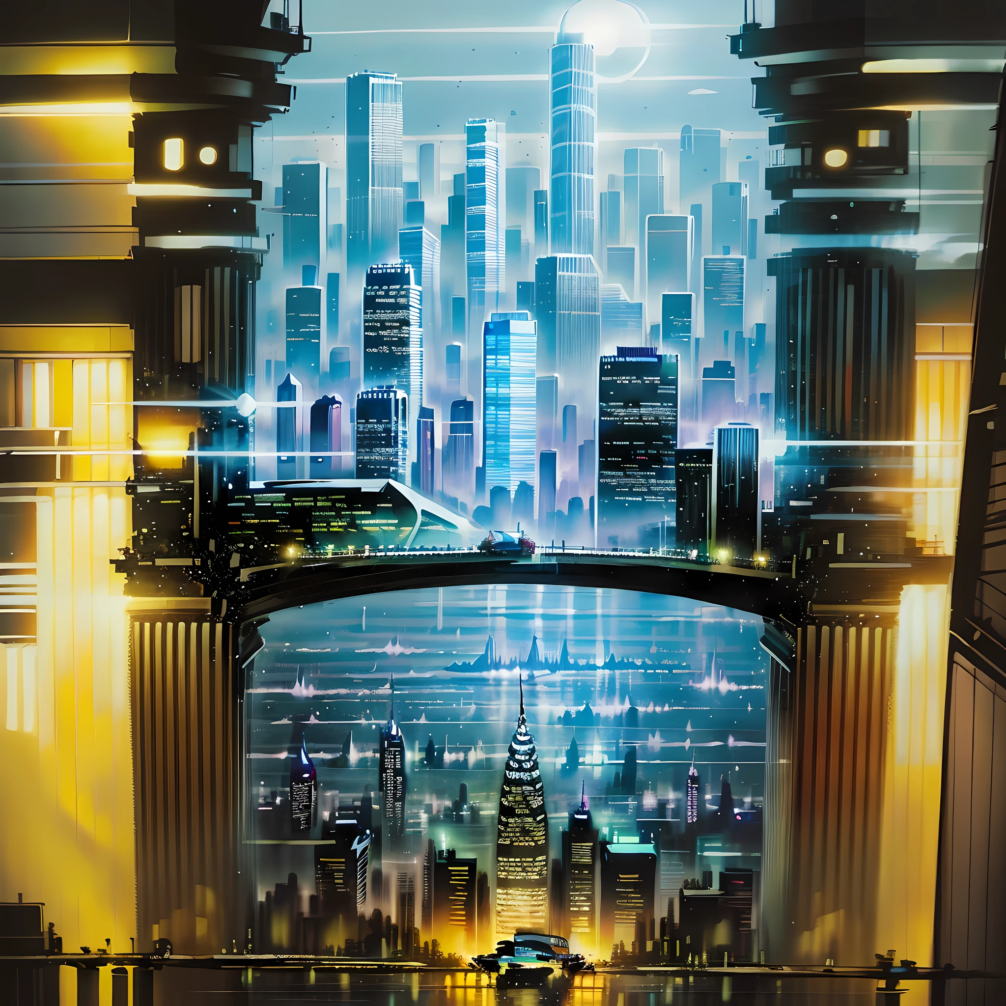 A 4:3 album cover that features a detailed and realistic illustration of buildings with spotlights. The illustration depicts the buildings with precision and richness of detail, creating a visually striking image.
The album cover features a night scene of an urban city, with towering skyscrapers and bright spotlights illuminating the landscape. The art is meticulously crafted to convey the feeling of a vibrant and lively metropolis.
The colors used in the illustration are predominantly metallic, adding a touch of sophistication and modernity. The metallic tones reflect the light of the spotlights, creating an impactful visual effect.
The atmosphere of the cover is dynamic and engaging, capturing the pulsating energy of a bustling city at night. The realistic illustration provides a sense of immersion, transporting the viewer to this urban environment full of lights and towering skyscrapers.