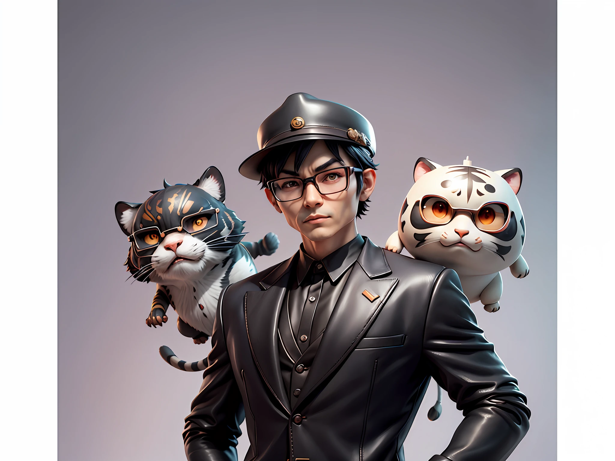 Young man with oriental face in leather hat, tiger, oriental face in formal suit, short black hair, silver glasses, digital painting, 3D character design by Mark Clairedon and Pixar and Hayao Miyazaki and Akira Toriyama, the illustration is a high-definition illustration in 4K resolution with very detailed facial features and cartoon-style visuals.