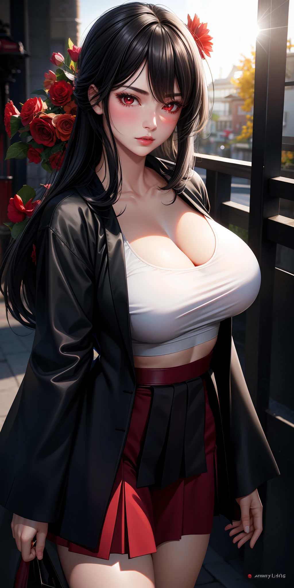 realistic, 1girl, black hair, red eyes, bright eyes, cropped top, skirt, lips parted, blush, night, flowers, sun, sunlight, large breasts, hashira, samurai