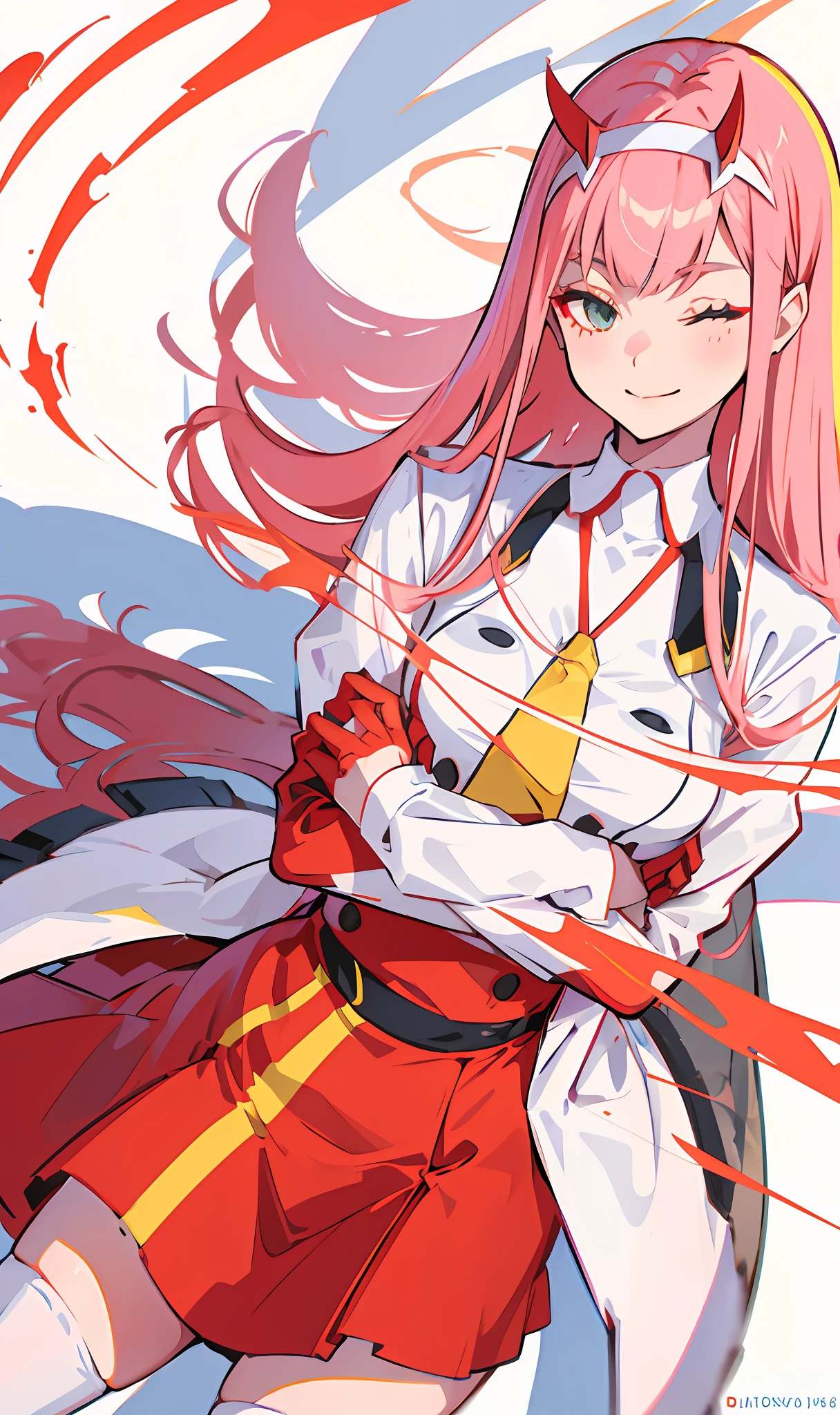 zero two \(darling in franxx\), darling in franxx, 1girl, bangs, bite, shadow, long hair, small breasts, large thighs, makeup, red dress with details, yellow tie, Pantyhose, eyes closed, smiling at the viewer, pair of small red horns, pink hair, red eyeshadow, tight skin, solo