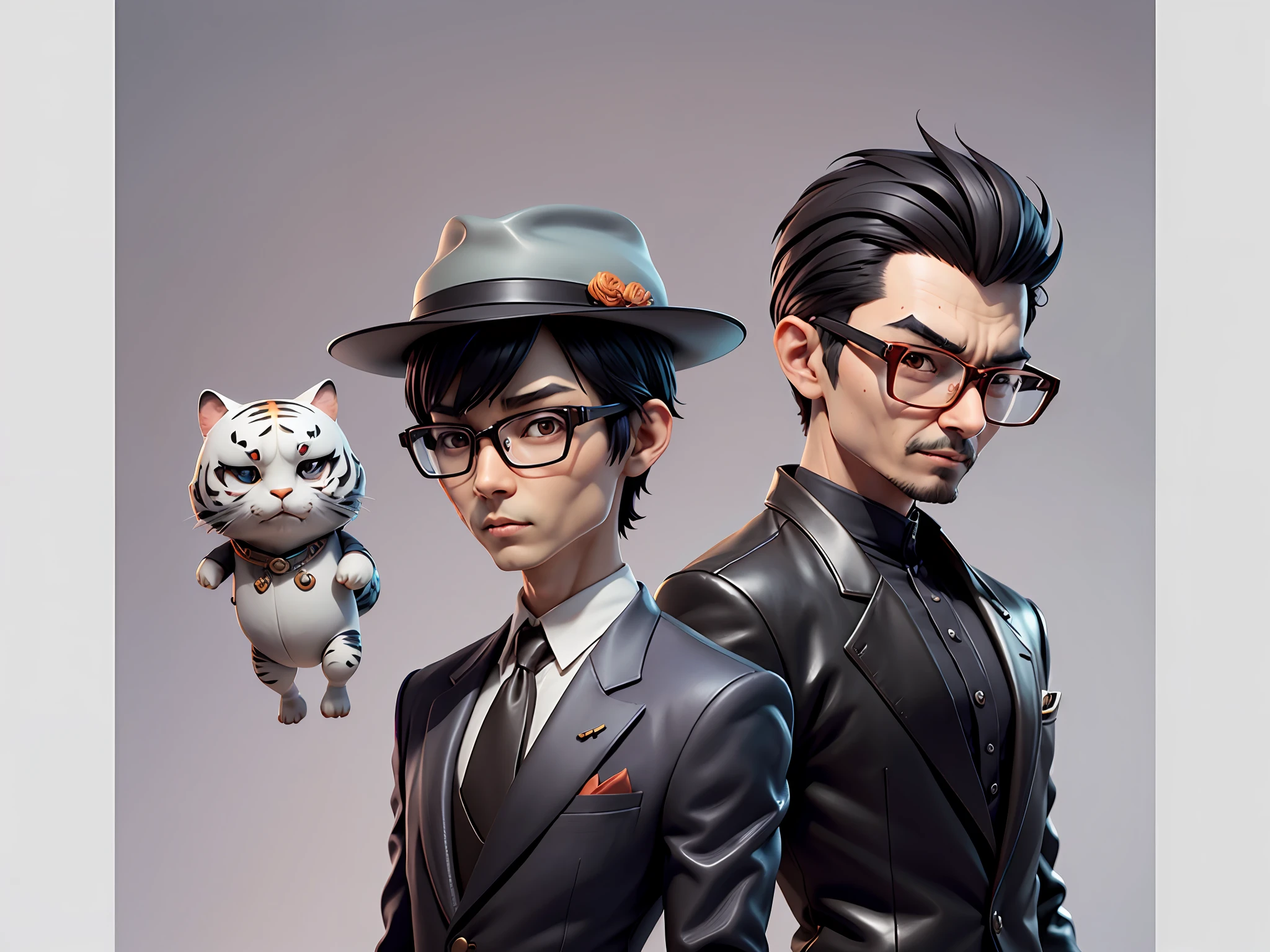Young man with oriental face in leather hat, tiger, oriental face in formal suit, short black hair, silver glasses, digital painting, 3D character design by Mark Clairedon and Pixar and Hayao Miyazaki and Akira Toriyama, the illustration is a high-definition illustration in 4K resolution with very detailed facial features and cartoon-style visuals.